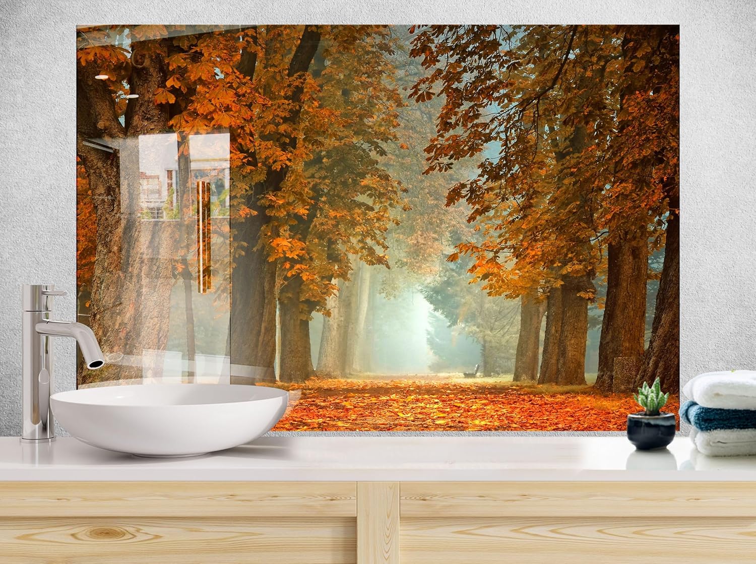 Myphotostation.com 23.5Wx12H'' Tempered Glass Forest Backsplash Design Cooker Wall Backsplash Panel Glass Splashback for Kitchen Panel Brown Tree Autumn Splashback Tropical