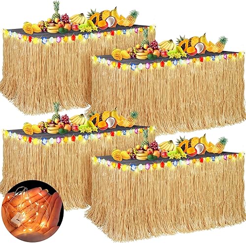 Aneco 4 faldas de mesa de césped Luau de 9 pies x 30 pulgadas con cadena de luz LED, falda de mesa hawaiana iluminada, falda de hierba iluminada,