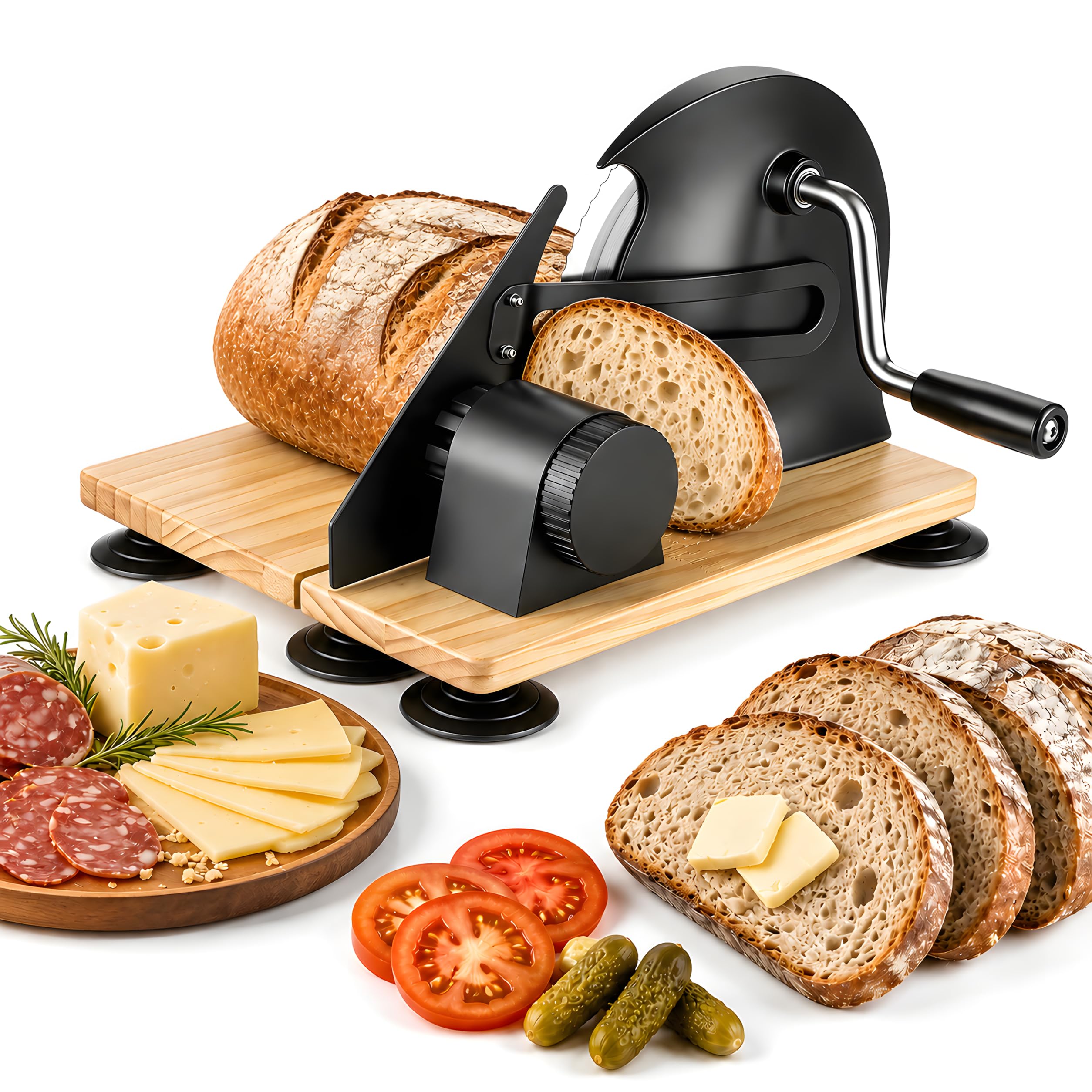 Cortadora De Pan Manual Plegable Hoja Acero 420 | 6 Ventose Antiscivolo, 0-20mm Spessore Regolabile, Struttura In Legno Massello Pieghevole, Uso Domestico E Commerciale, Nero