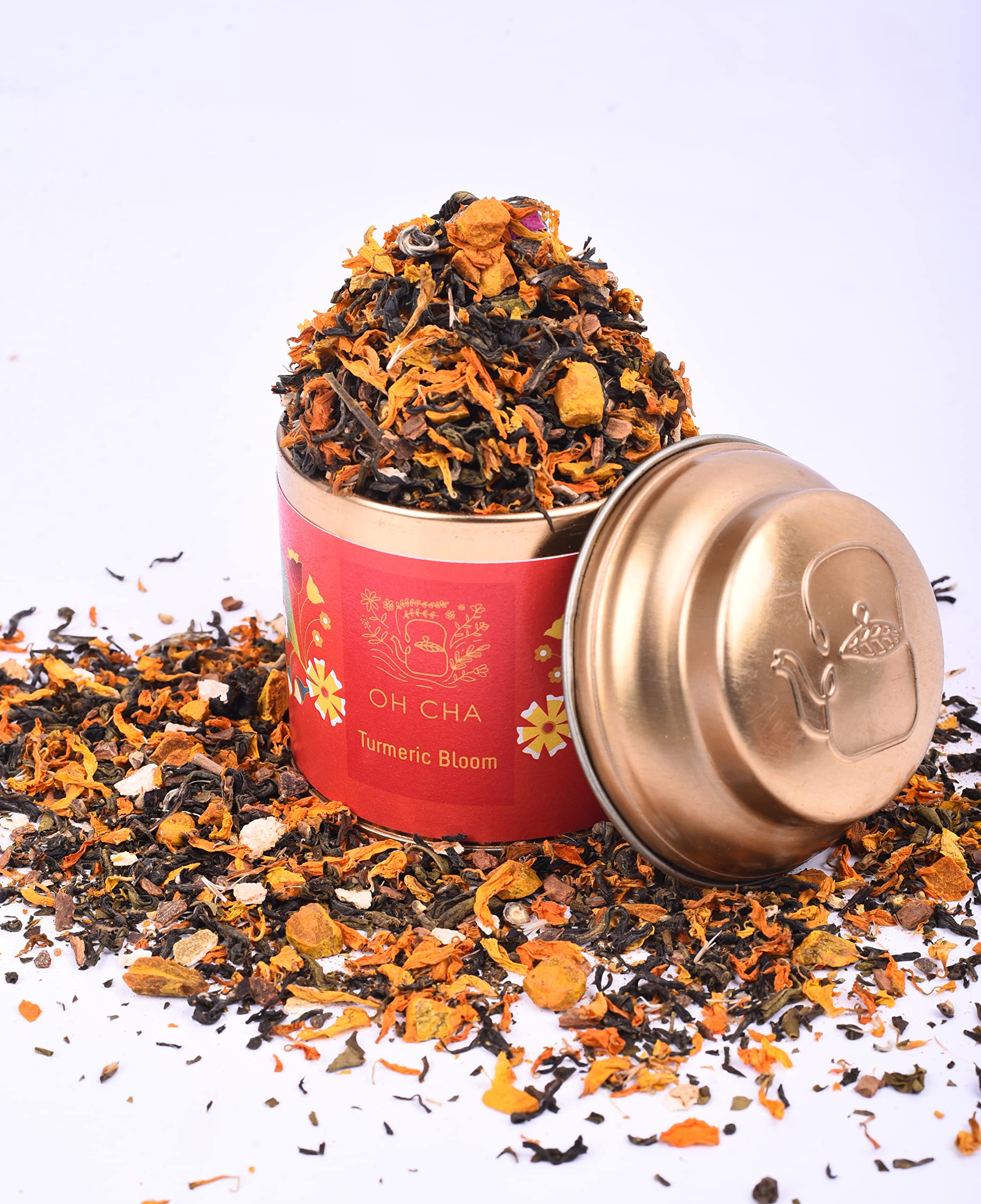 OH CHA - Turmeric Green Tea | 100% Whole Green Tea Leaves with Marigold, Black Pepper & Lemon peels | Golden Milk |Can use as Turmeric Latte | For Immunity, Inflammation | 35g Tin Caddy 4