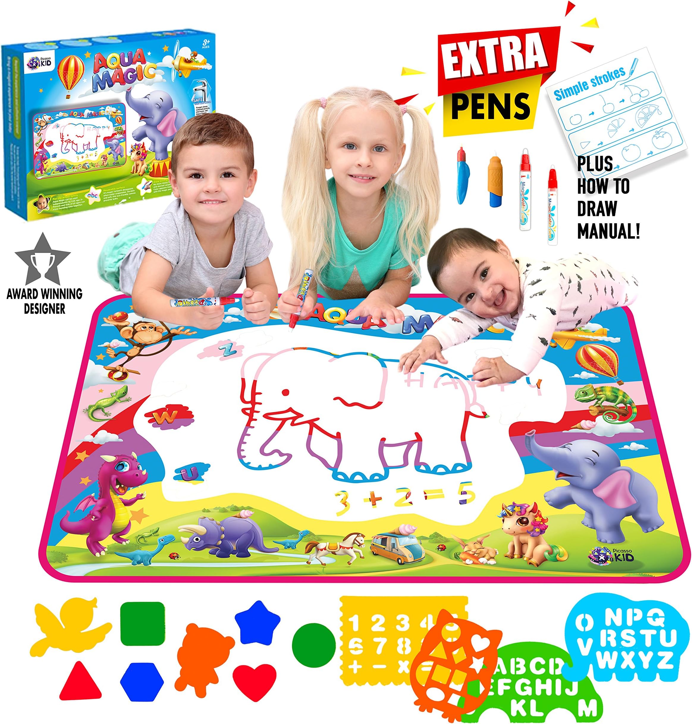 Aqua Magic Doodle Mat Extra Large XL Aquadoodle 5 Color Water Painting Drawing Kit Travel Accessories 34" x 22.5” Pens Stencils Brush Tools for Boys Girls Toddlers in Box