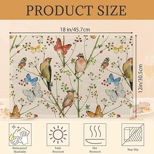 Miniatura 2 de Juego de 6 manteles individuales de lino vintage, naturaleza con pájaros y mariposas, manteles individuales modernos lavables de 12 x 18 pulgadas,