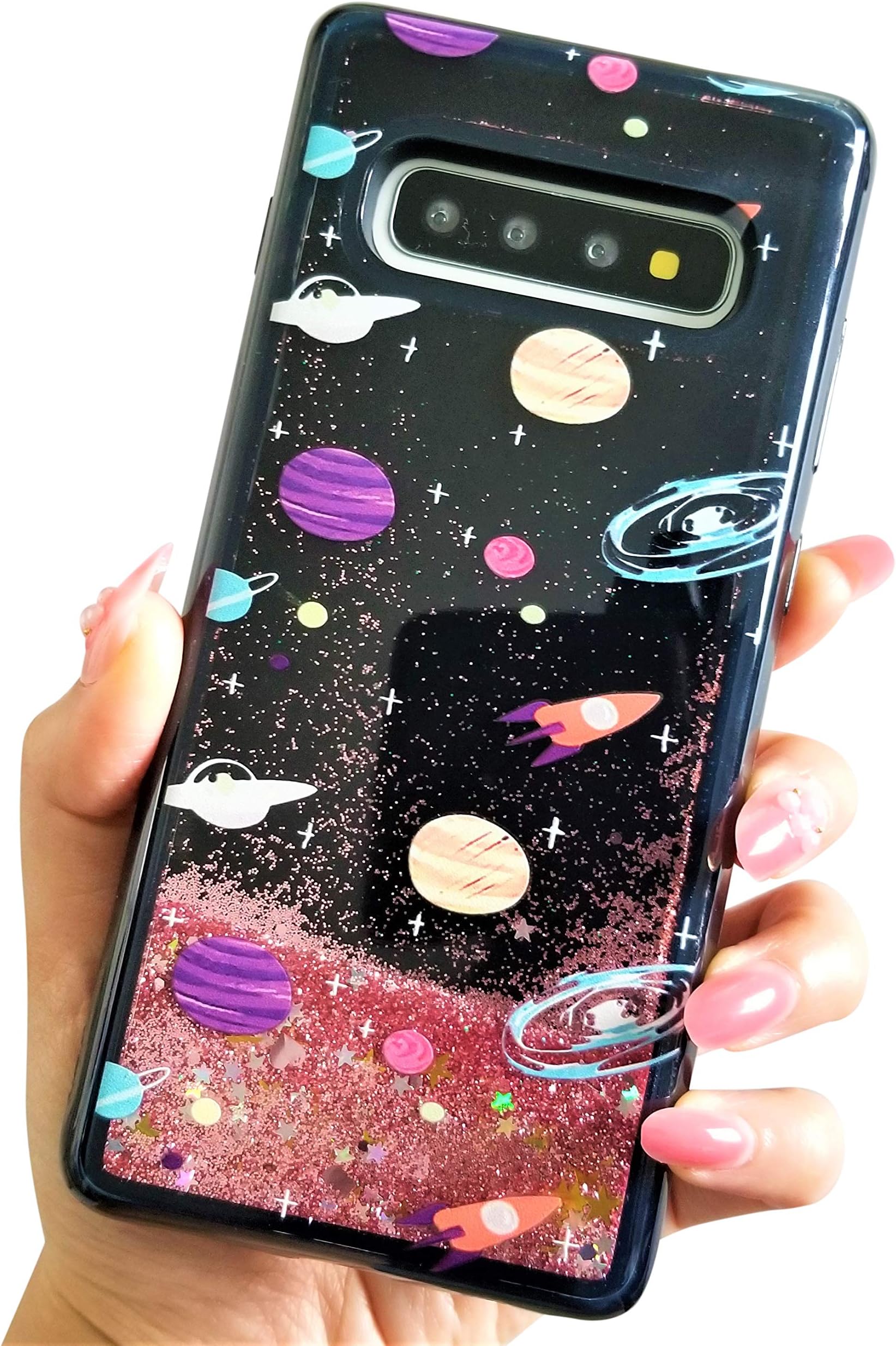 NAMA for Samsung Galaxy S10 Cute Black Floating Moon Stars Outer Space Liquid Waterfall Bling Glitter Soft Case