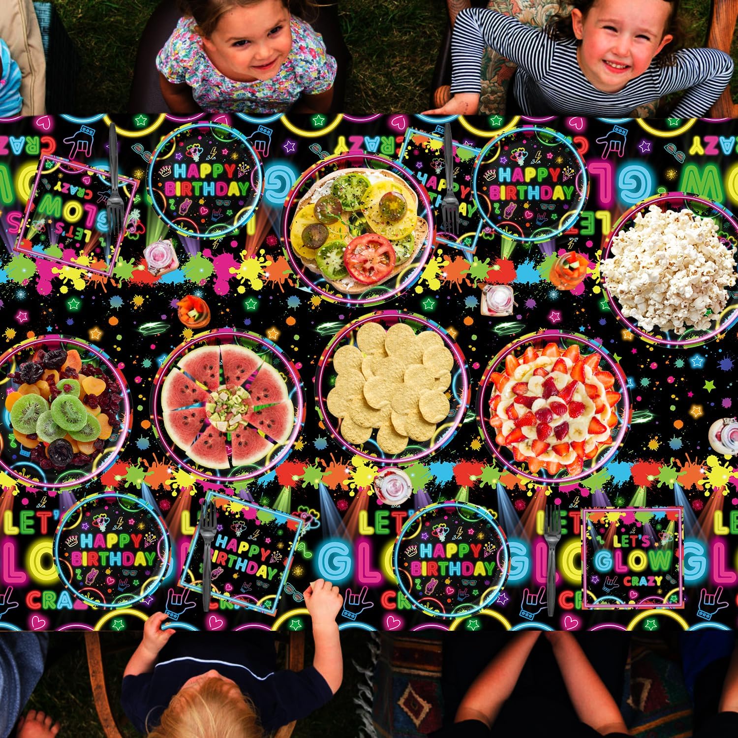 4 Pack Glow Party Tablecloth Let's Glow Neon Tablecloths Paint Splatter Graffiti Table Cloth Plastic Birthday Table Covers Black Light Decorations for Glow in The Dark Party Supplies 51 x 86 in