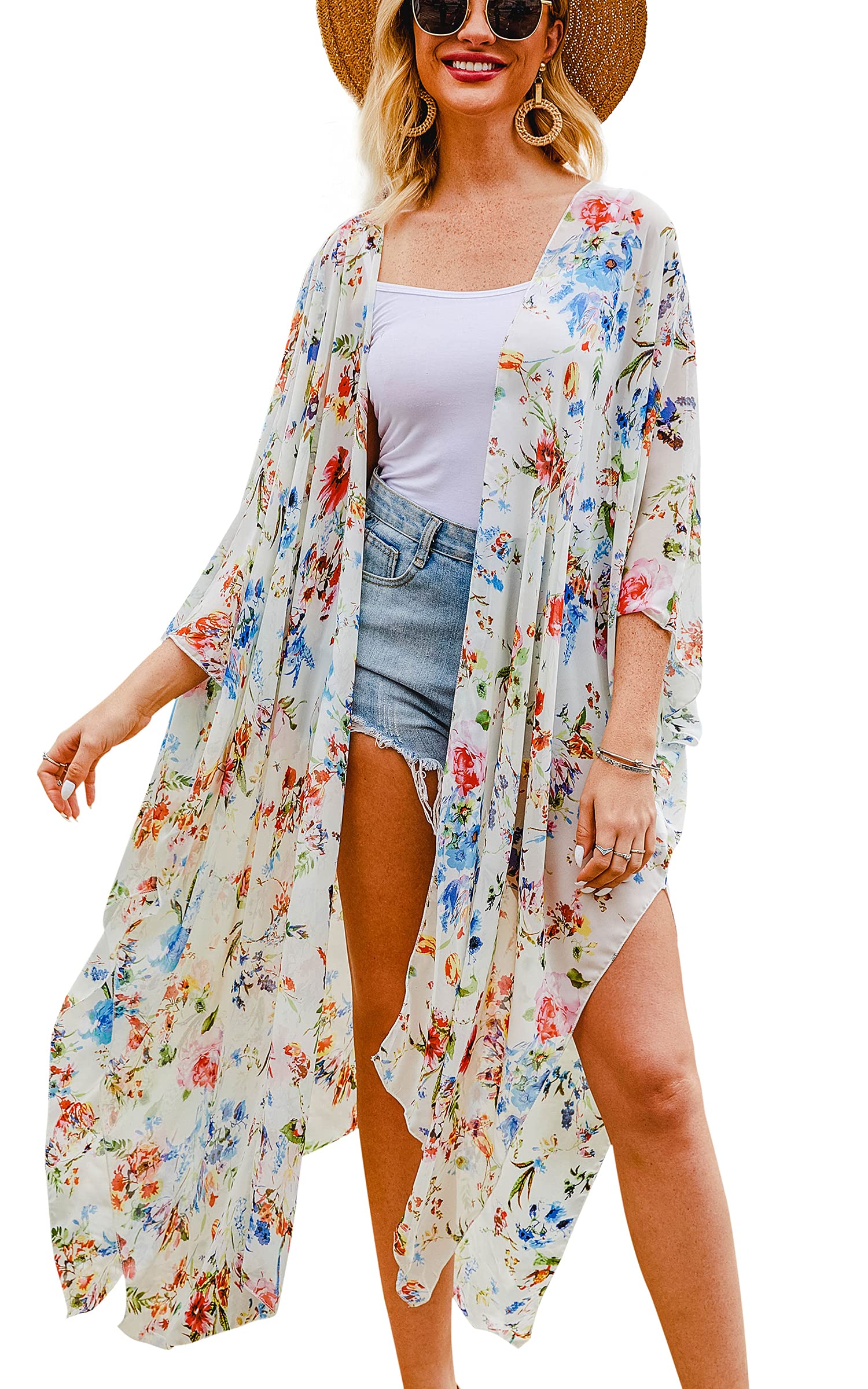 Hibluco Women's Long Floral Kimono Printed Cardigan Sheer Swimsuit Cover Ups