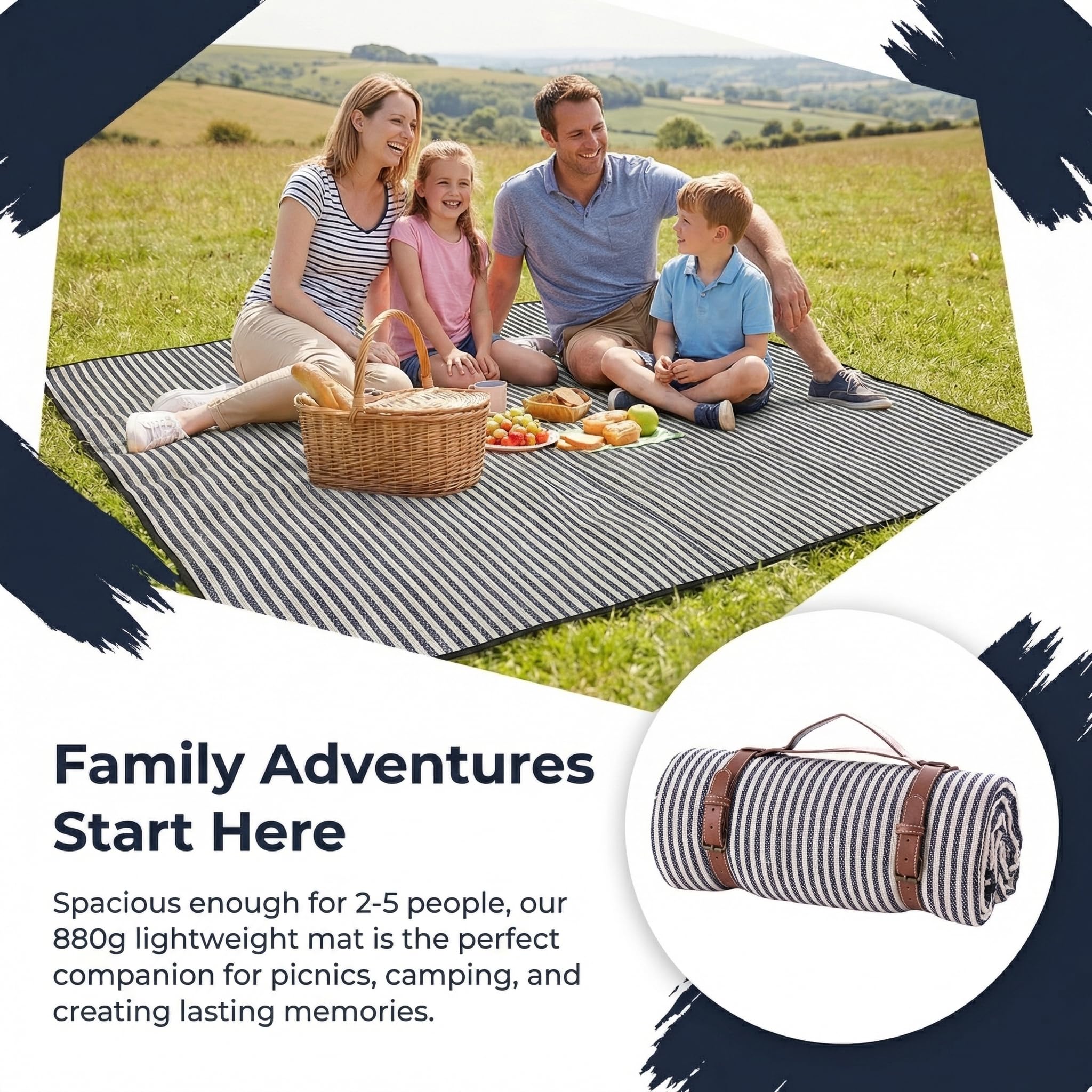 Manta de Picnic Impermeable 150x200 cm, Manta de Playa y Camping Antiarrena con Asa, Tapete de Picnic Diseño a Rayas Portátil y Plegable, 3 Capas Aislante Térmico para Parque Camping Exterior