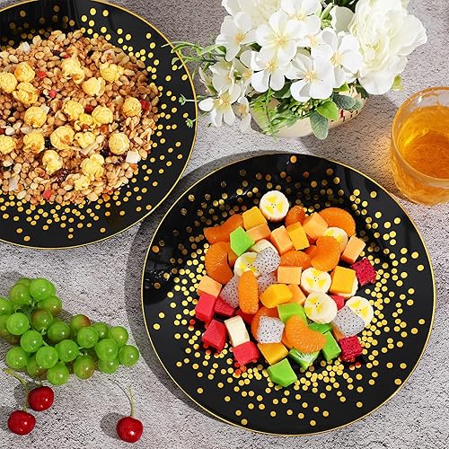 Miniatura 6 de Hsei 100 platos de plástico negros y dorados a granel desechables para Halloween, platos redondos de postre para cenas, bodas, cumpleaños, Navidad,