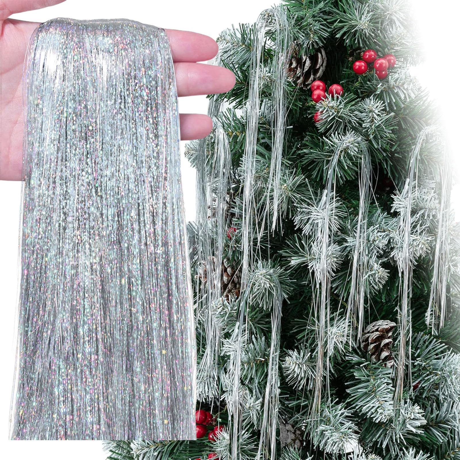 10000 Strands Christmas Tinsel Icicles,50cm Silver Aluminum Foil Tassel Christmas Tree Decoration Tinsel Foil Fringe Garland Angel Hair Tinsel Lametta for Holiday New Year,Birthday Party Supplies
