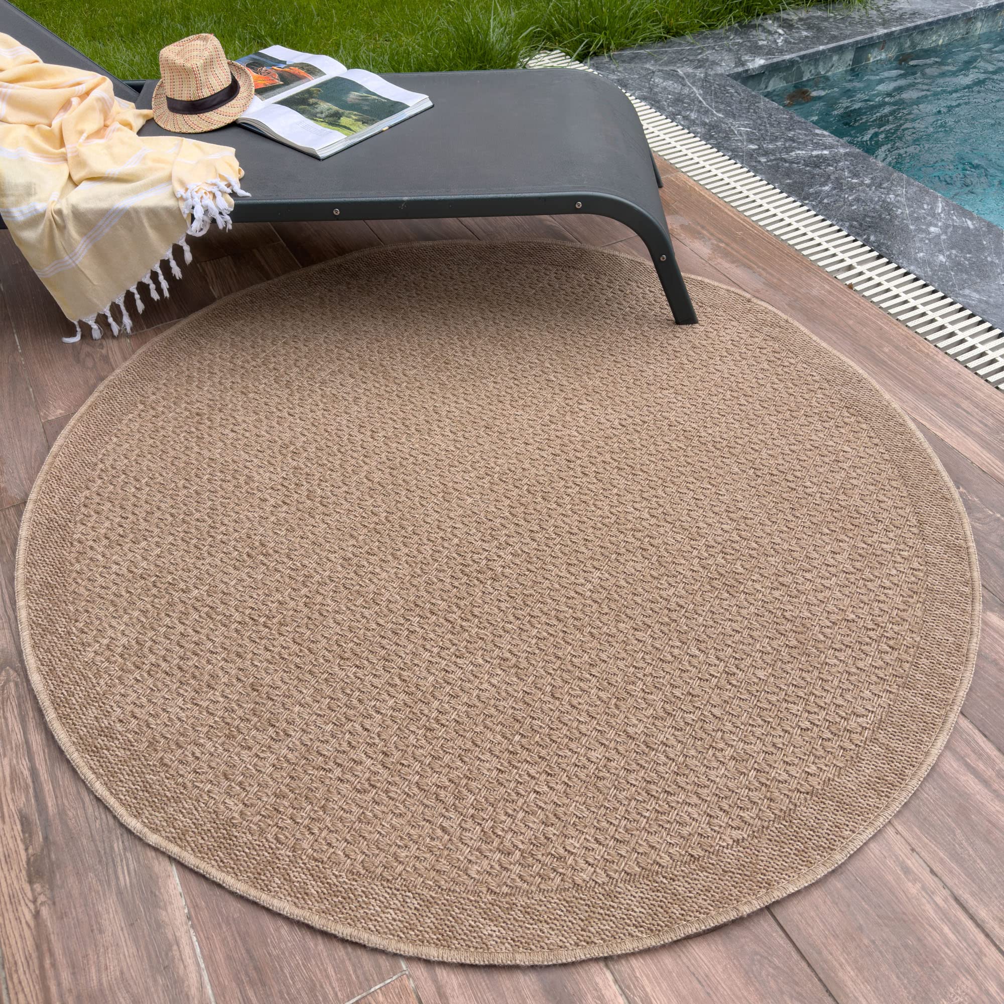 THE RUGS Nature Collection Outdoor Rug – Indoor/Outdoor Tona Border Area Rug for Patio, Deck, Garden, Kitchen, Bathroom or Living Room (Solid Effect-Neutral, 160 cm Round) — image 1