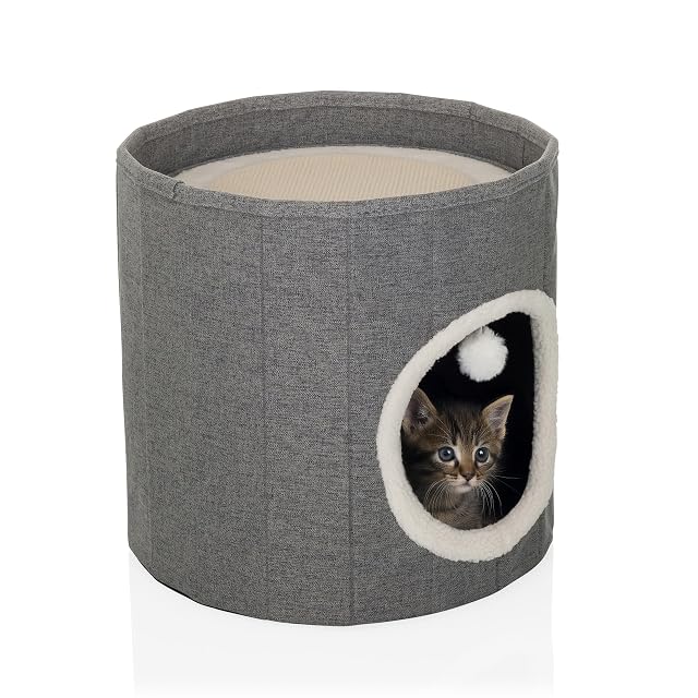 hjh LIVING Casa para gatos con pelota de juego, 38 x 38 cm, plegable, con tabla para rascar y cojín de peluche