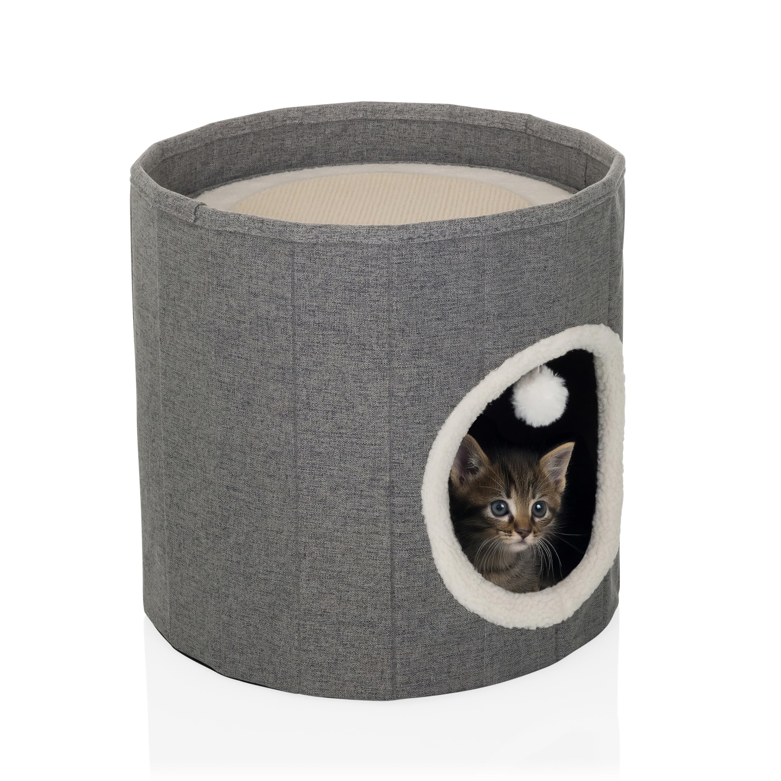 Grotta per gatti con palla da gioco, 38 x 38 cm, PAWY R, pieghevole, con tavola tiragraffi e cuscino Teddy, colore: grigio
