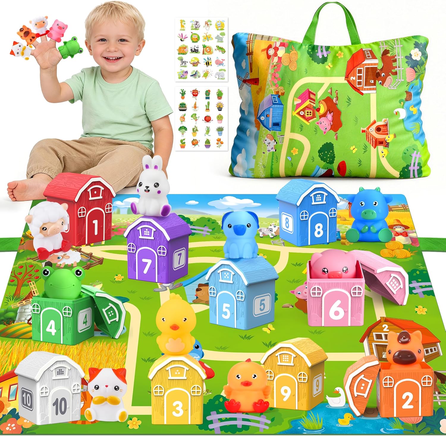 Montessori Toys for Toddlers, 21Pcs Farm Toys with Storage Bags/Playmat Counting, Matching, Sorting Preschool Learning Toy Including 10 Animal Finger Puppets Birthday Gift