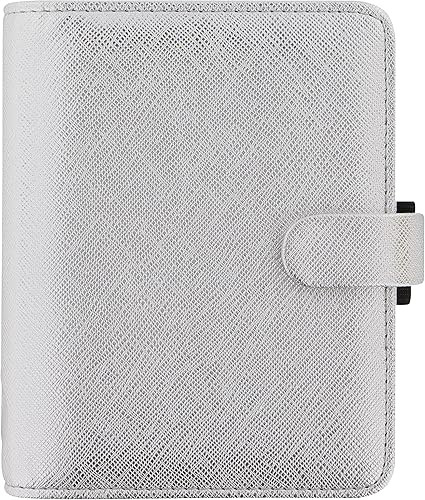 Filofax Saffiano - Organizador metálico, tamaño de bolsillo, plateado, grano cruzado, aspecto de cuero, cubierta de acabado metálico brillante, seis