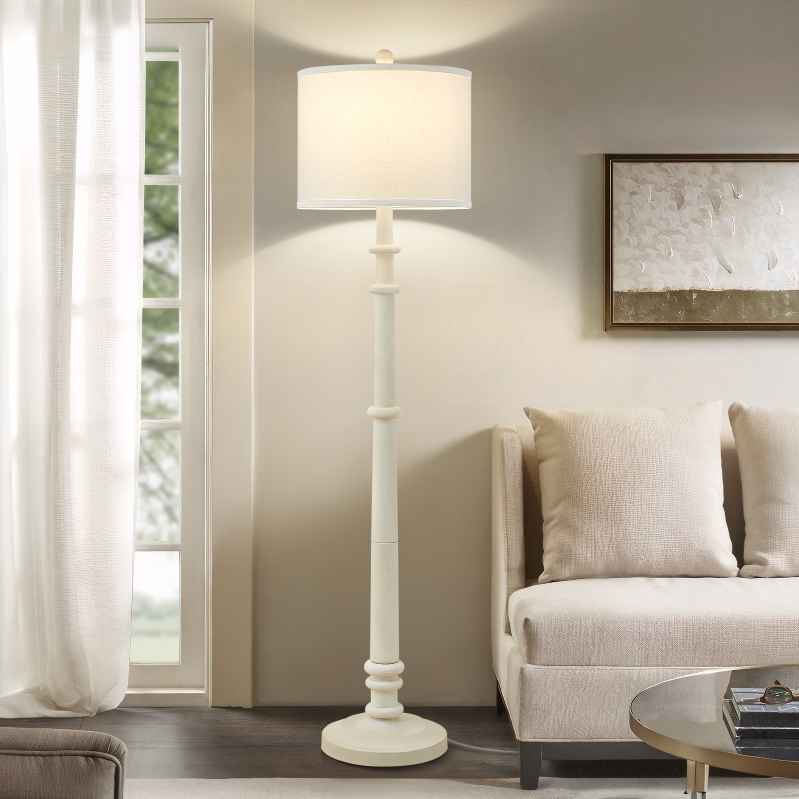 Image of Floor Lamps for Living Room - 60 inch Farmhouse Floor Lamp with Adjustable Color Temperatures - Vintage Standing Lamp Reading Light with Linen Shade Retro Tall Lamp for Bedroom Office, Almond White