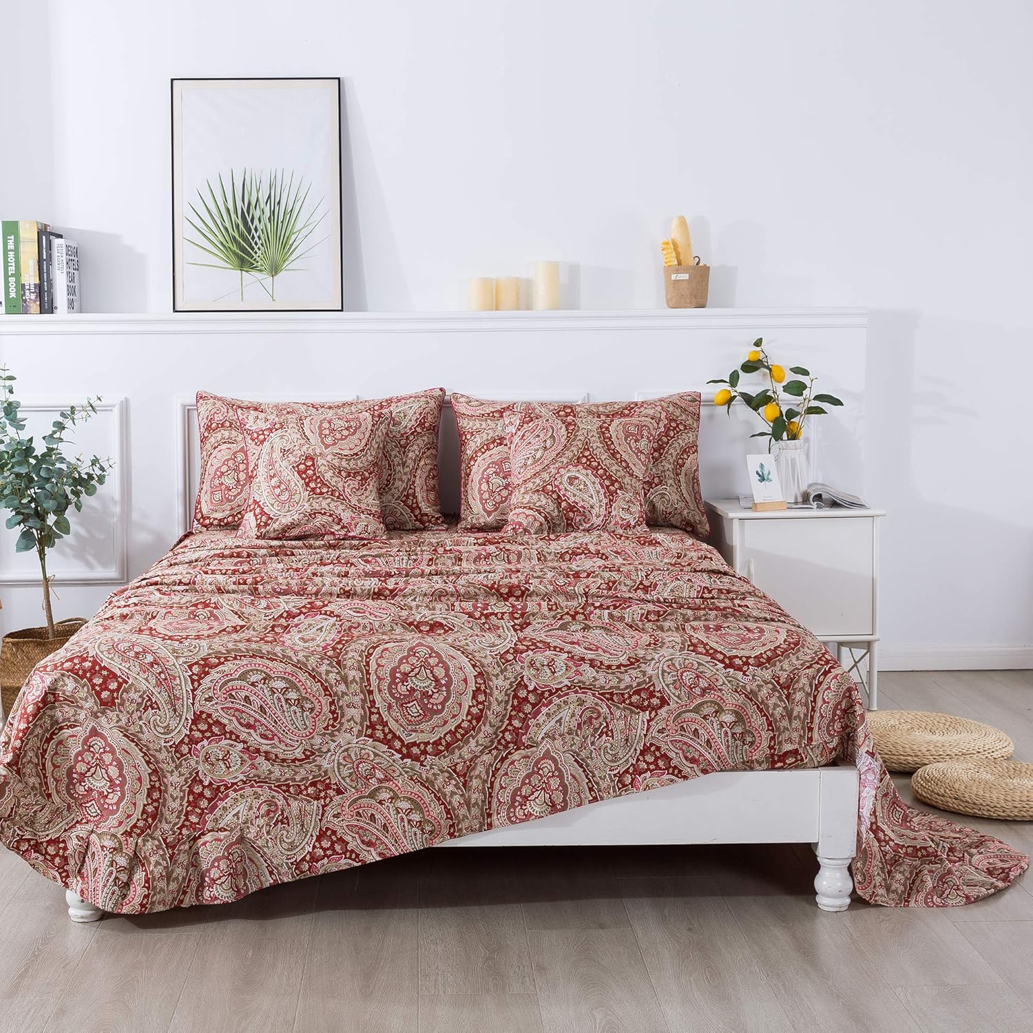 FADFAY Luxury Paisley Sheets Set Queen Classy Red and Gold Floral Farmhouse Bedding Elegent Red Paisley Bedding Set 100% Cotton Super Soft Hypoallergenic Deep Pocket Fitted Sheet 4-Pieces,Queen Size