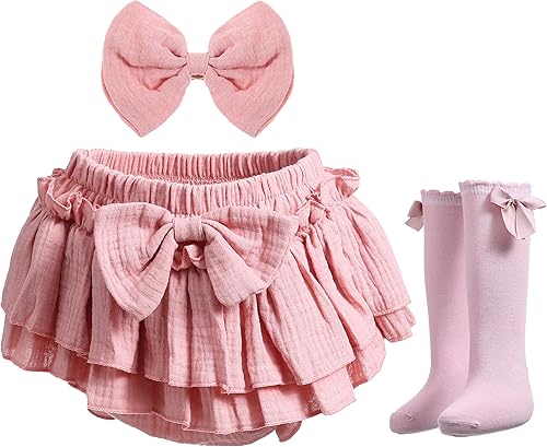 Faldas de algodón para bebé recién nacida con pantalones cortos integrados para niños pequeños, cubrepañales con volantes y diadema con lazos