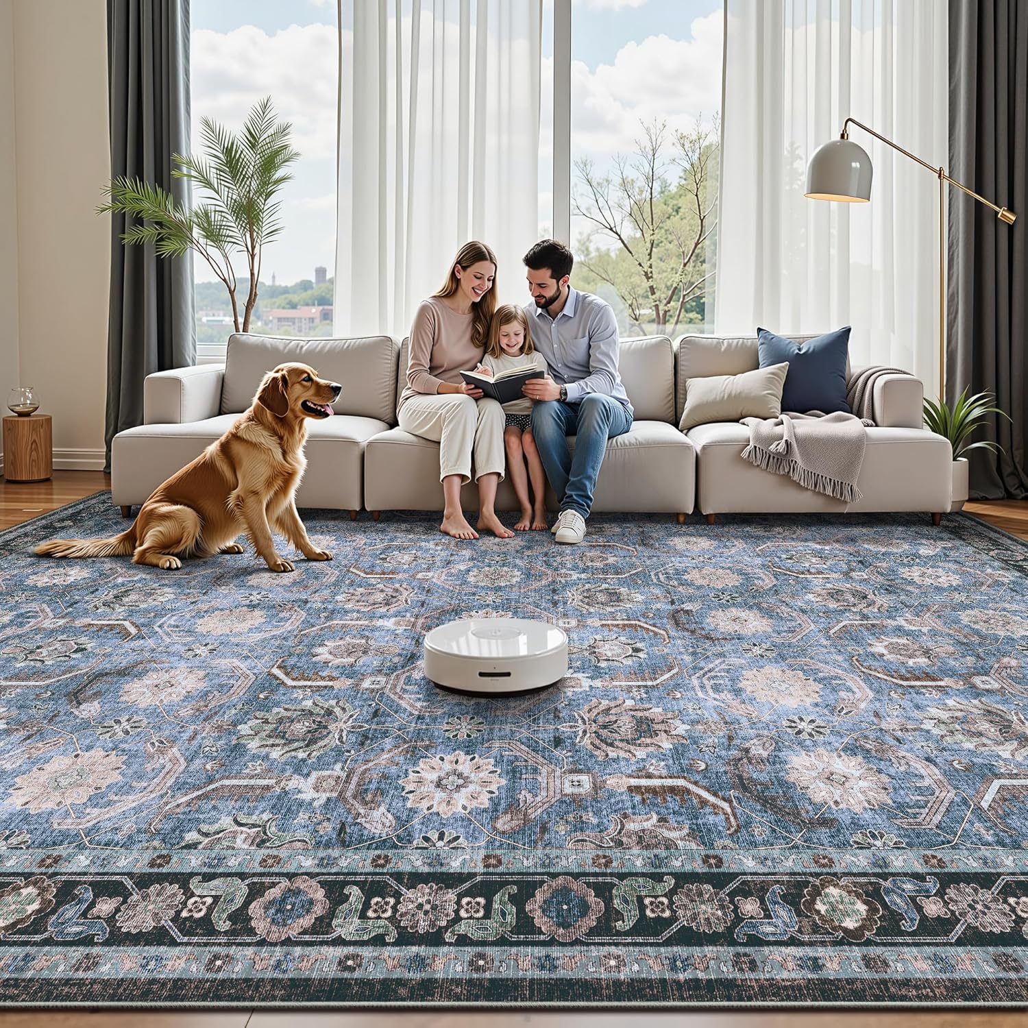 5x7 Area Rugs, Soft Non Slip Low Pile Washable Rug, Boho Modern Rug for Living Room, Bedroom, Dining Room, Blue