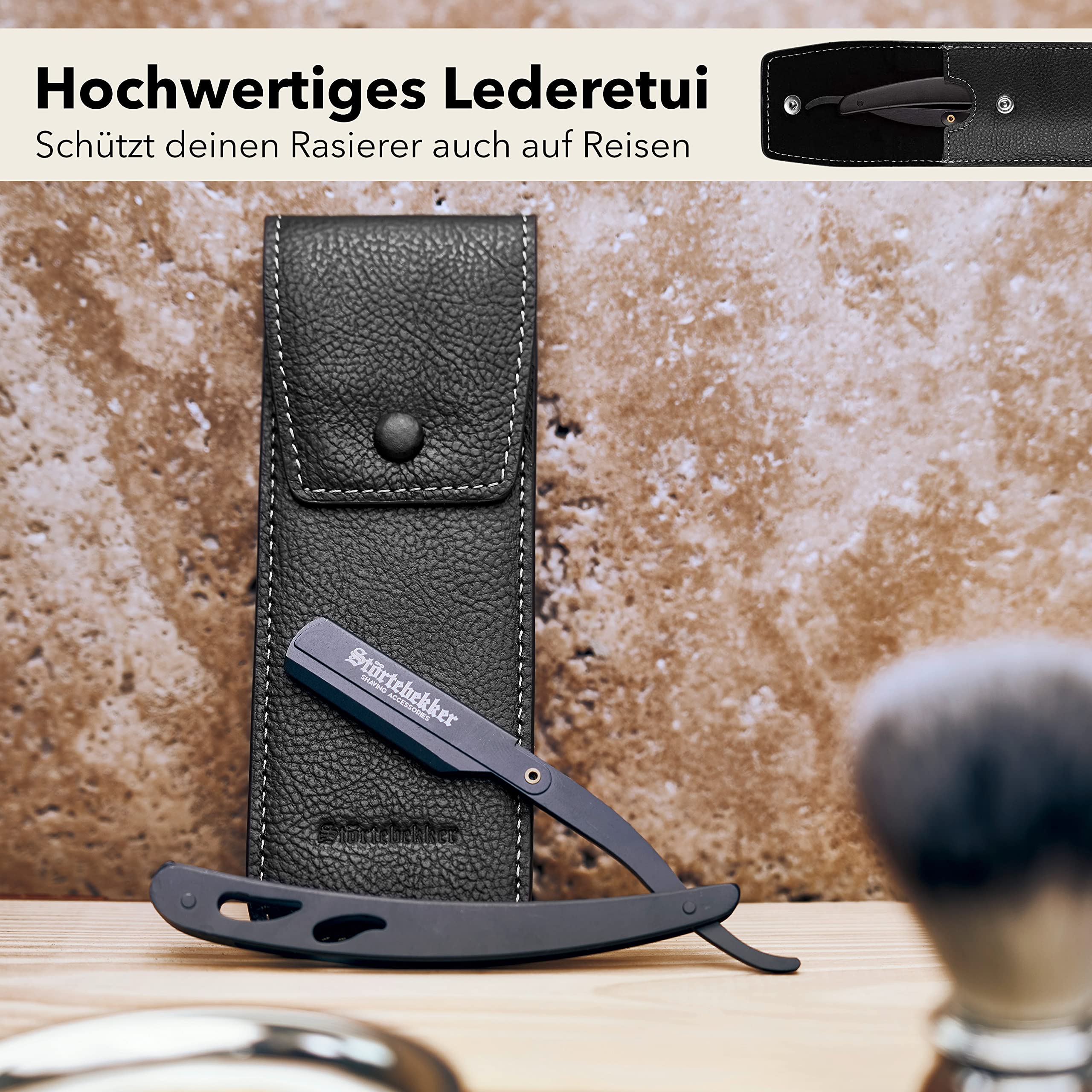 Störtebekker® Premium Rasiermesser im handgefertigten Lederetui + Alaunstift - Straight Razor mit Rasurguide [10 Störtebekker Klingen] - Geschenkidee - Rasiermesser Set - Nassrasierer in Top-Qualität