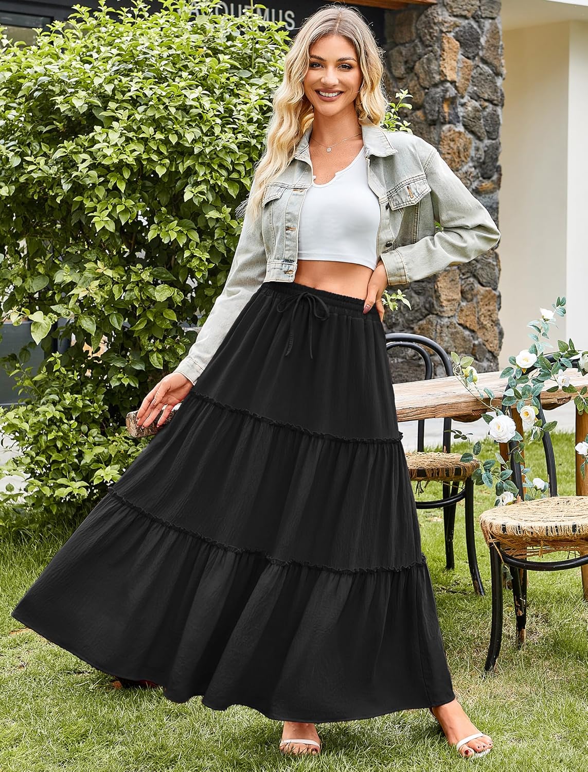 Arolina Women's Summer Maxi Skirt Trendy High Waist Pleated Ruffle Long Skirts Flowy Beach Boho Skirt Dress with Pockets - Image 3