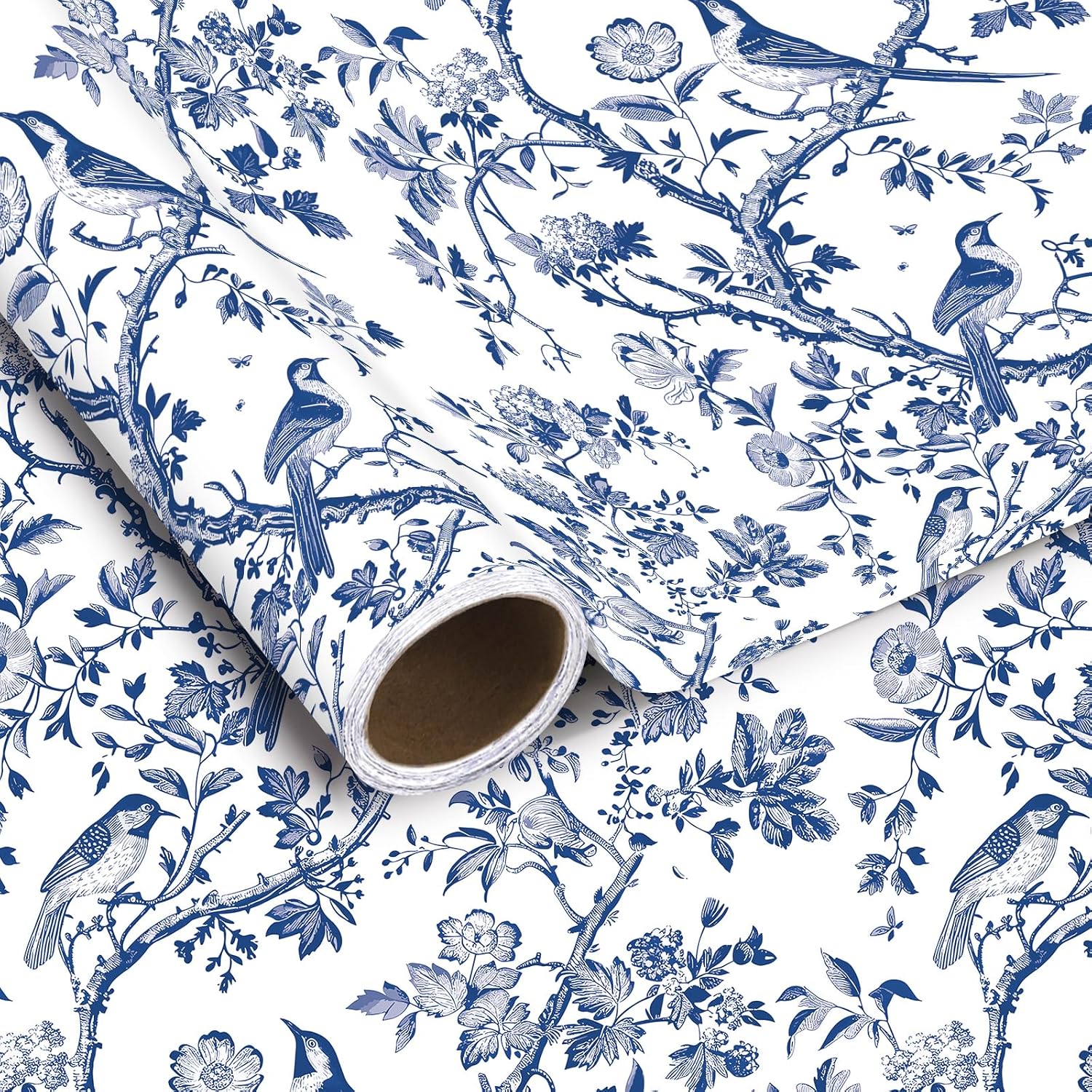 Yaosunyuer 1 Roll Floral Bird Wrapping Paper Mini Roll 17in x 32.8Ft White Flowers Bird Pattern Gift Wrap Paper for Birthday Wedding Party Wrapping Supplies (Black) (Blue)