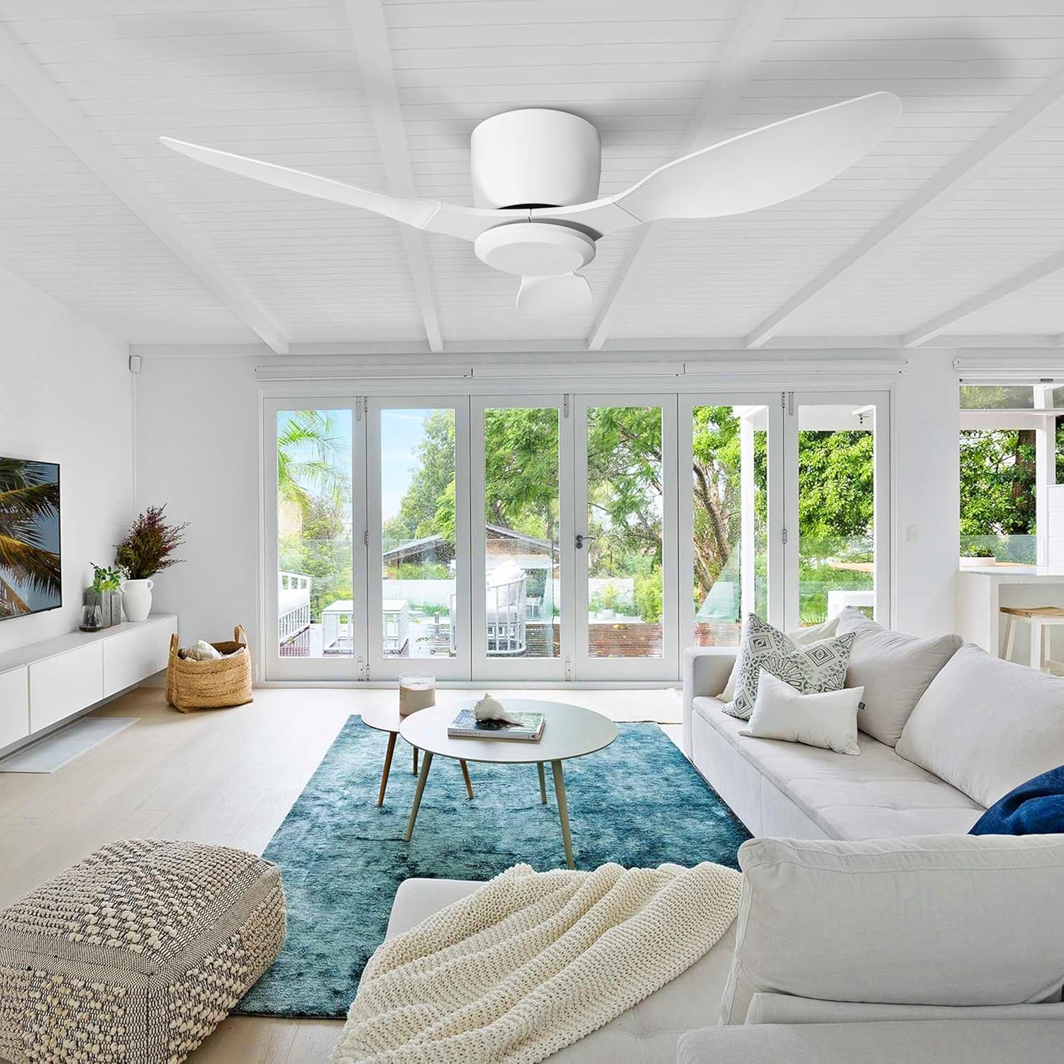 42 Inch Ceiling Fan No Light, Flush Mount White Ceiling Fan with Remote, 6 Wind Speeds, Reversible DC Motor, Low Profile Ceiling Fans without Lights for Living Room, Bedroom, Patio