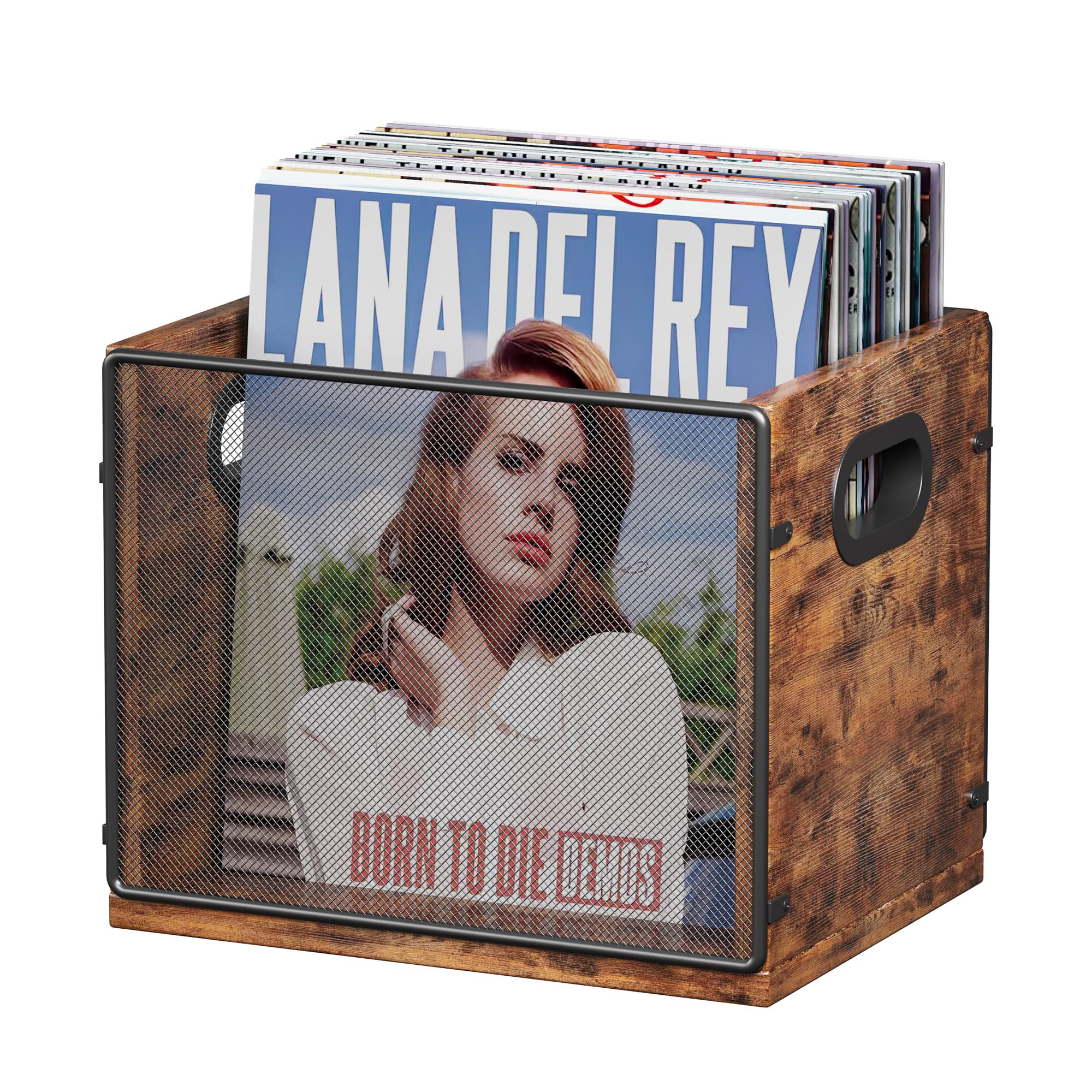 Homeiju Wooden & Metal Record Crate - Vinyl Album Holder & Organizer, Holds Up to 60 Records