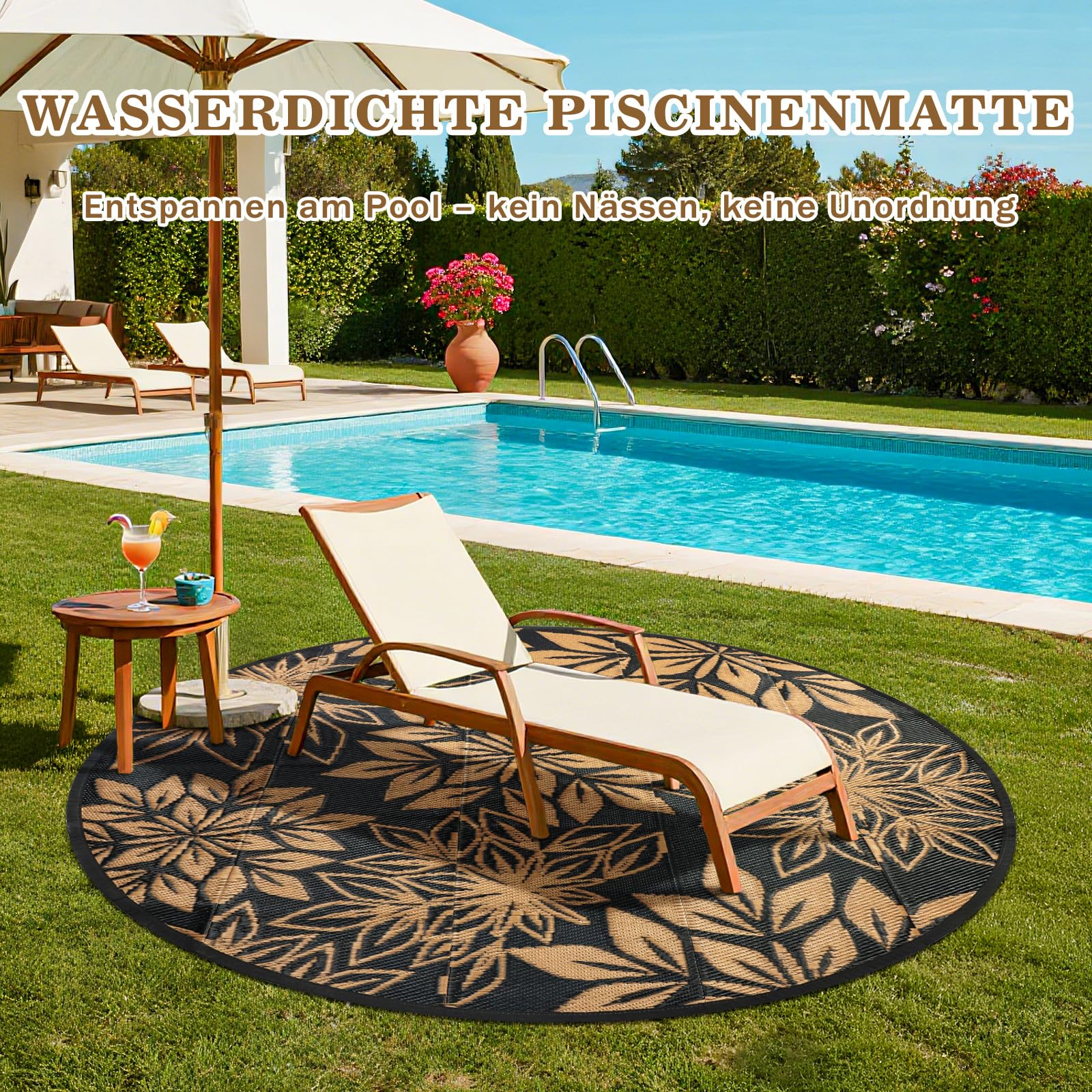 Outdoor Teppich Rund Schwarz 180 cm, Boho Wetterfest Wendbarer Outdoorteppich, Kunststoff Terrassenteppich, UV-beständige Teppich für Garten RV Camping Deck Balkon Patio Strand Picknick Schwarz