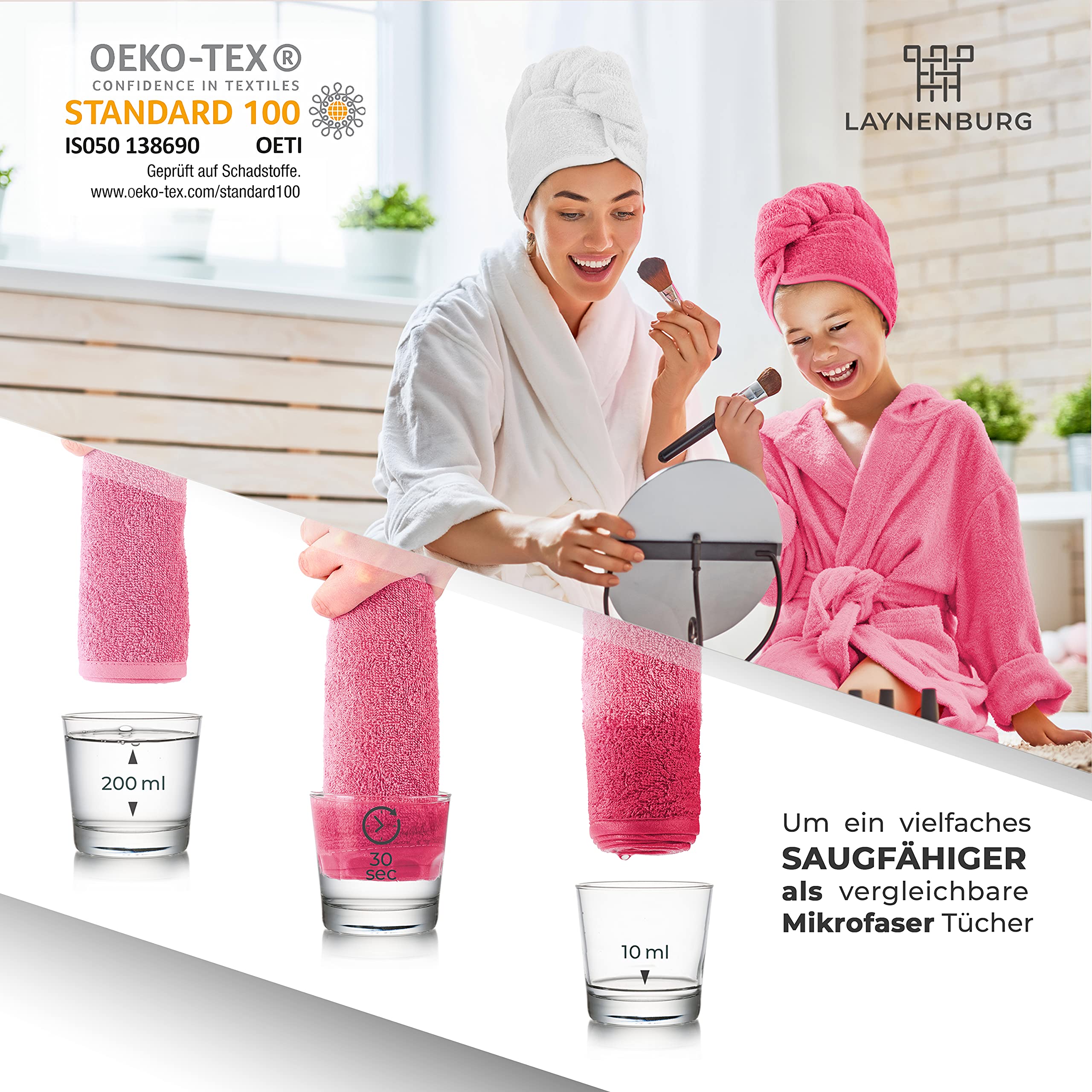 LAYNENBURG Asciugamano Turbante Deluxe con Bottone per Capelli Corti e Lunghi - Spugna di Cotone - 4 Lacci per Capelli Gratis - Asciugatura Rapida e asciugacapelli Super Assorbente (Fucsia)
