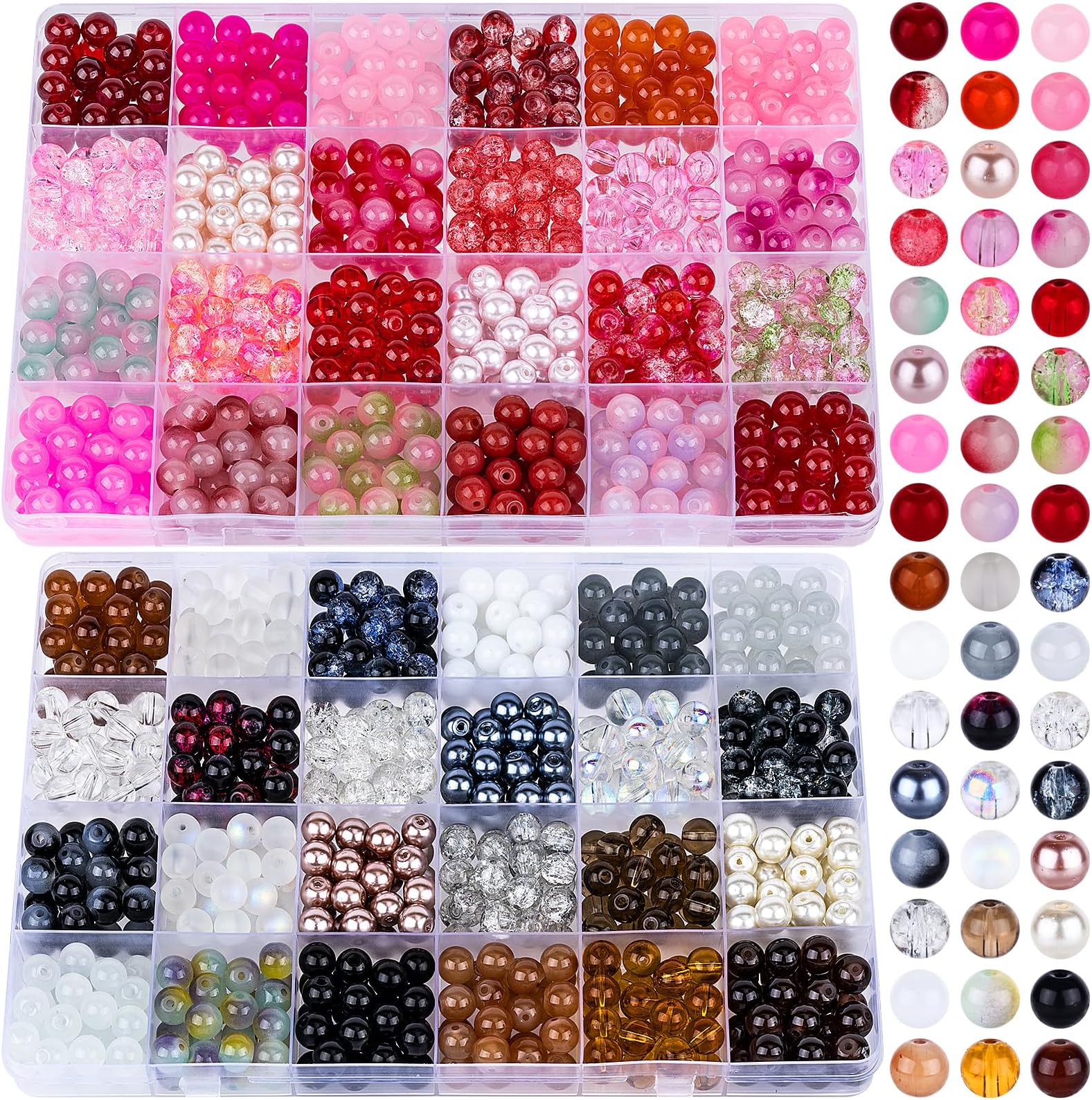 XSEINO About 1200PCS 8mm Glass Beads Bracelet Making Kit,48 Assorted Red and Black-White Series Colorful Crystal Beads for Making and DIY Crafts