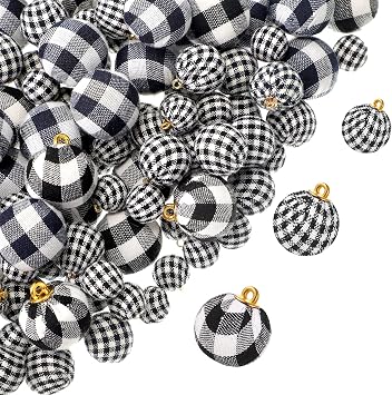 60 Pieces Mini Christmas Ball Ornaments Multi-Size Buffalo Check Fabric Wrapped Balls Decorative Xmas Tree Wreath Hanging Pendant for Holiday Party Decorations Black-White Plaid