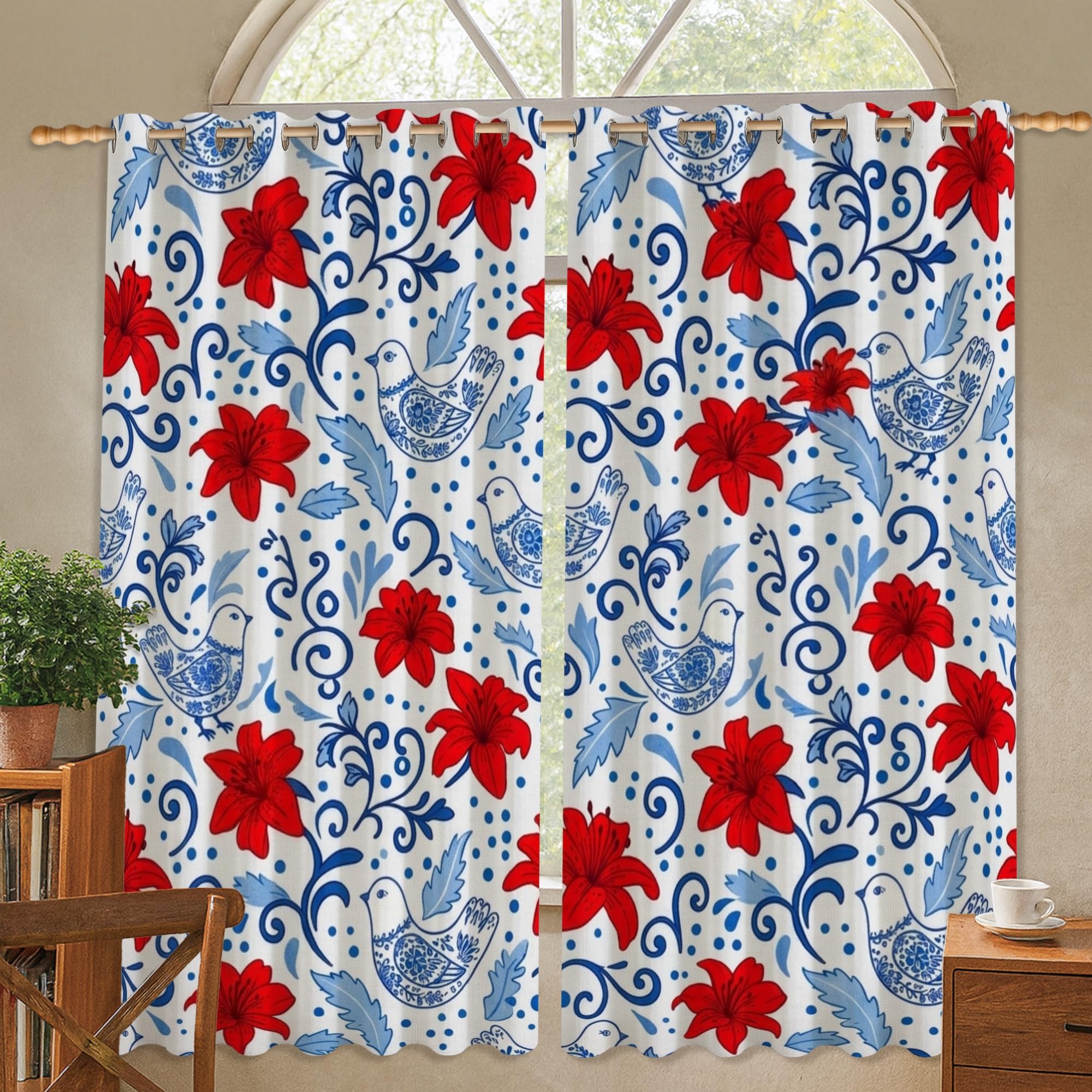 Rideaux occultants thermiques fleuris rouge 132x137cm pour chambre