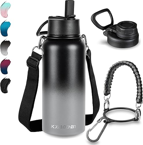 Miniatura 26 de KXIAOCHEN Botella de agua aislada, botella de agua de acero inoxidable, 2 tapas (con pajilla y tapa con asa), botellas de agua metálicas de boca