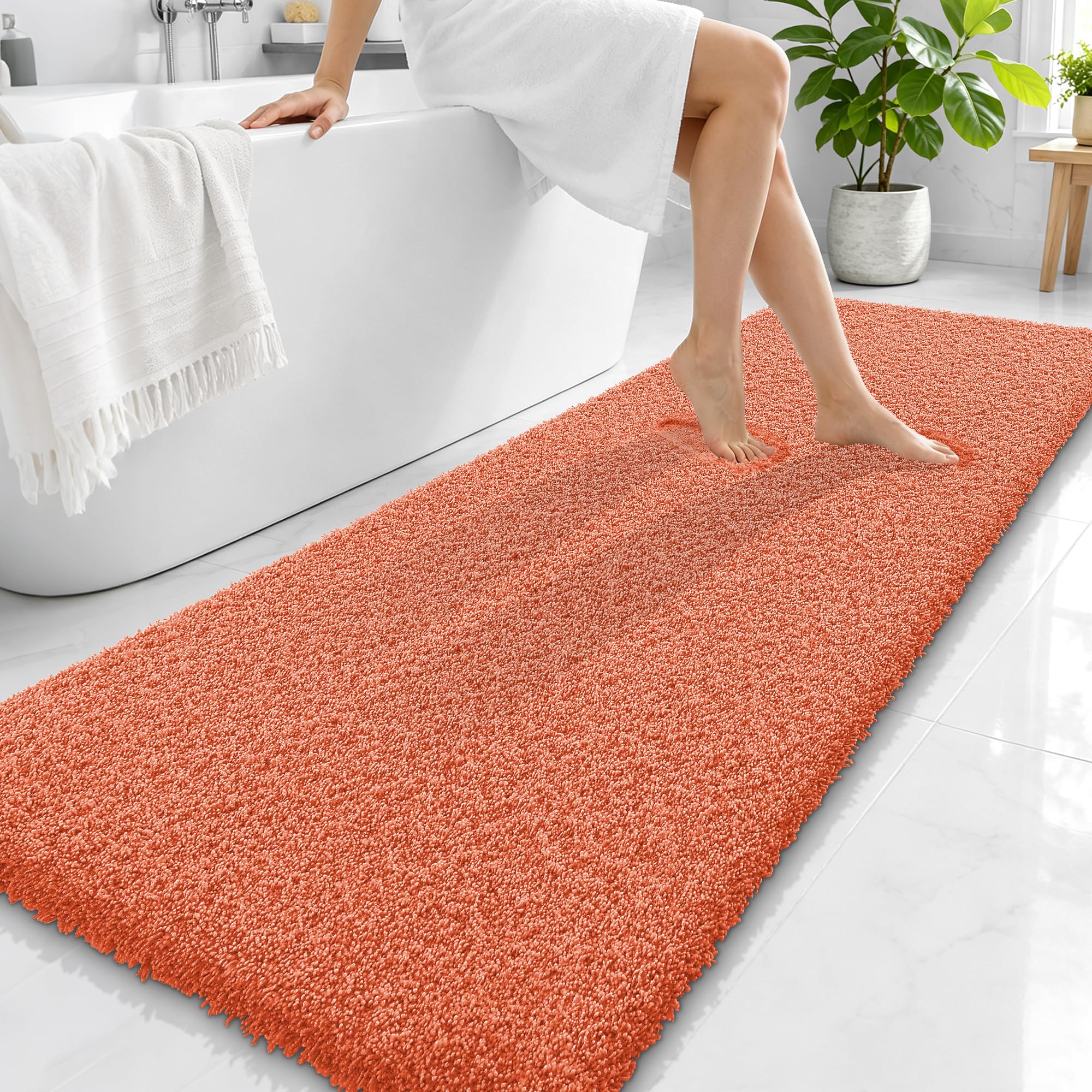 OLANLY Microfiber Bathroom Runner Rugs 70x24, Ultra Soft Bath Mat, Coral