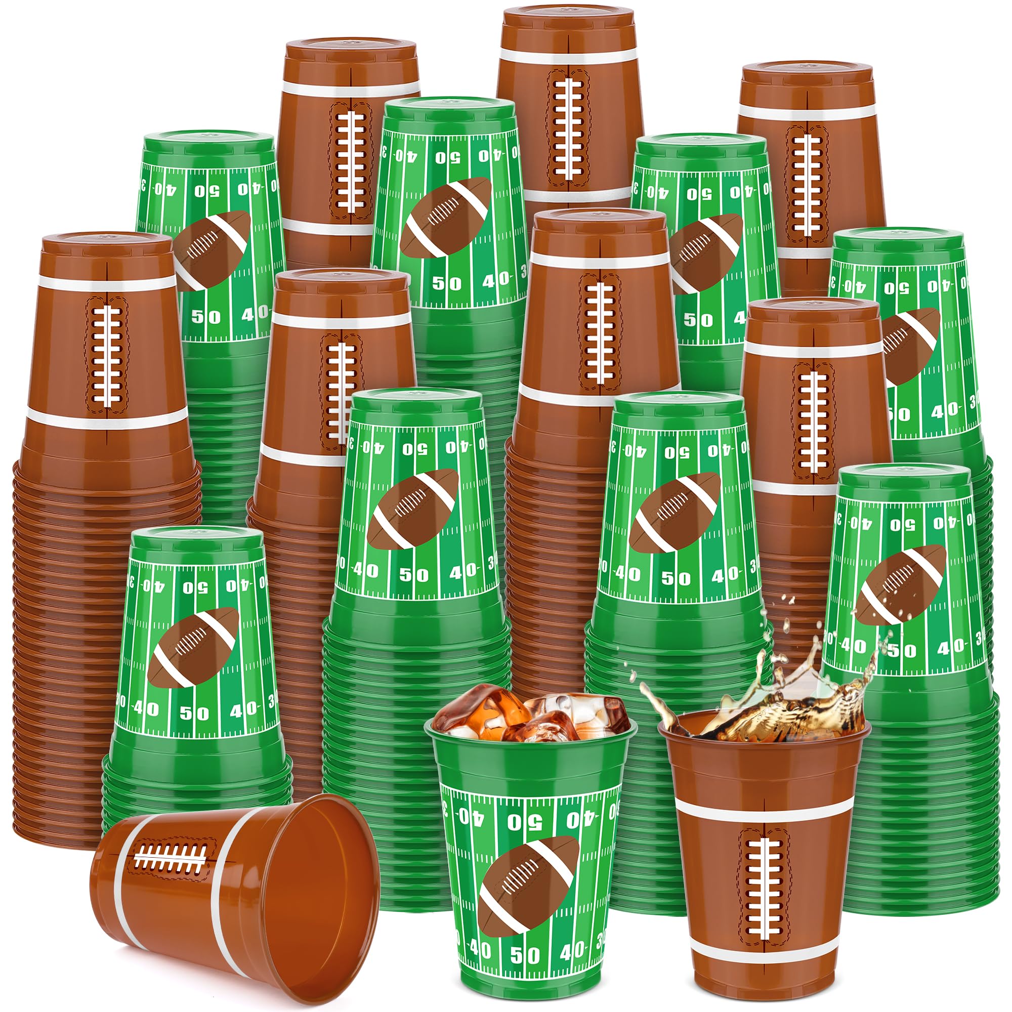 Kochorie 200 Pcs Football Plastic Cups 16 oz Disposable Thick Green Brown Cocktail Drink Cup Bulk Party Supplies for Tailgate Party Favor Game Day Birthday Decoration Sports Themed Event in 2 Designs