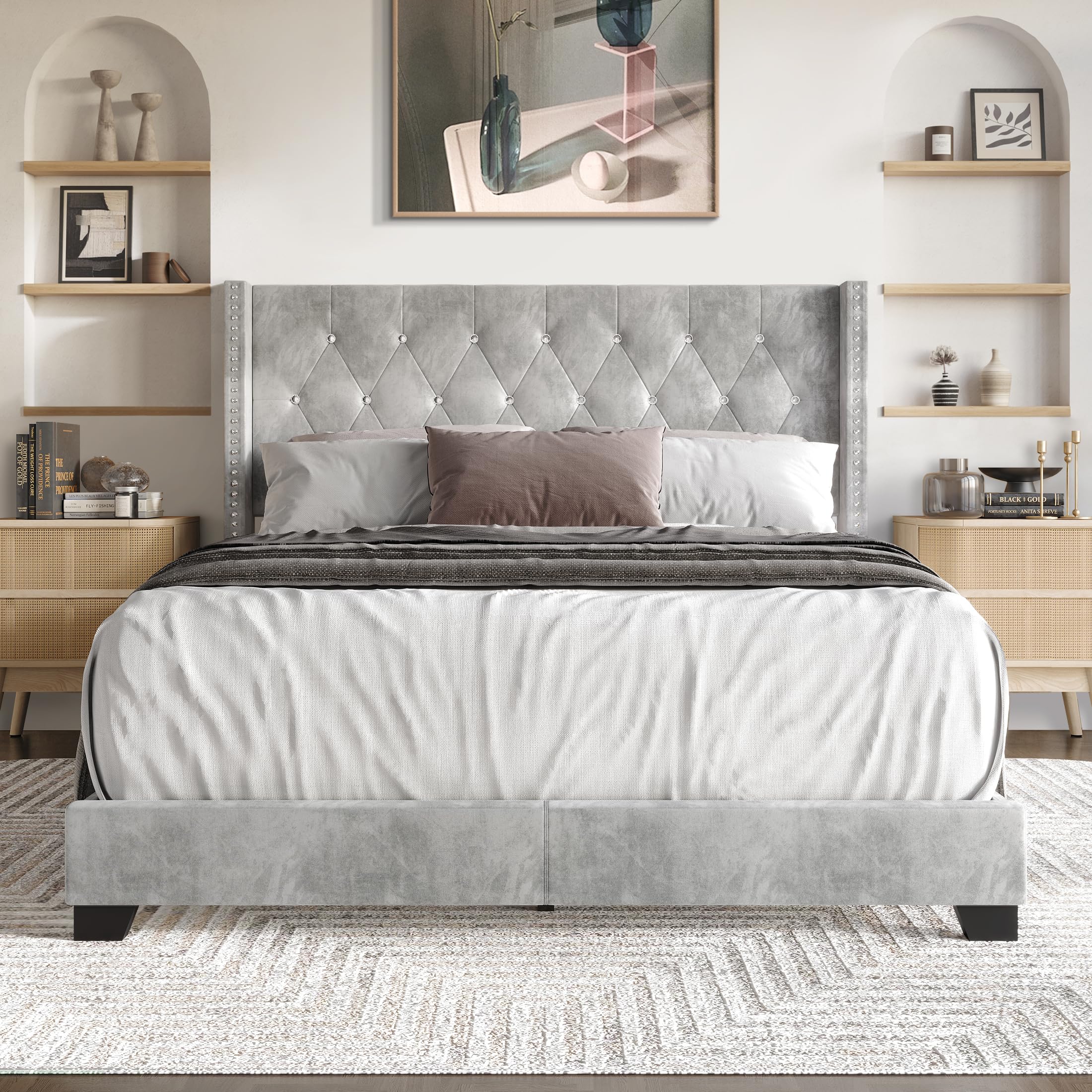 Photo 1 of *
MISSING PARTS
Castle Place Queen Button Tufted Wingback Velvet Upholstered Bed, Silver Grey