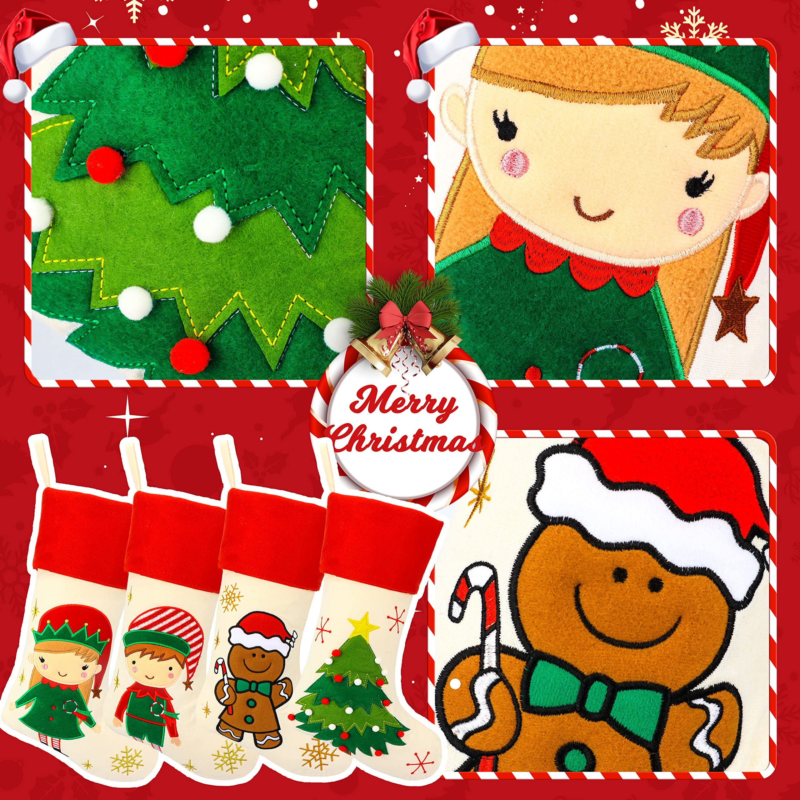 Hopearl 19-Zoll-Weihnachtsstrumpf-Set, 4-teilig, Weihnachtsstrumpf, Junge, Mädchen, Lebkuchenmann, rustikale Flachs-Socken, Halter, Ornament, Geschenktüten für Familie, Weihnachtsbaum, Partyzubehör