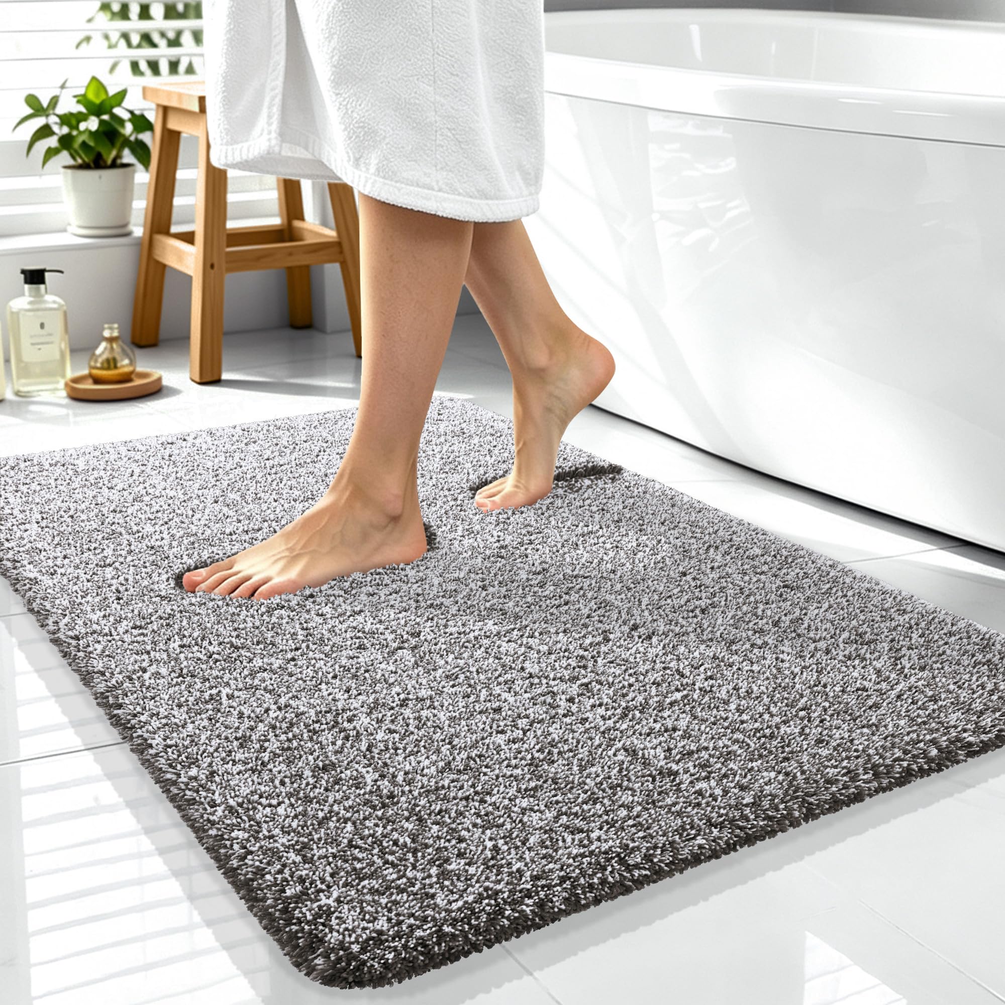 OLANLY Microfiber Bathroom Rugs 40x32, Quick Dry Mat, Dark Brown and White