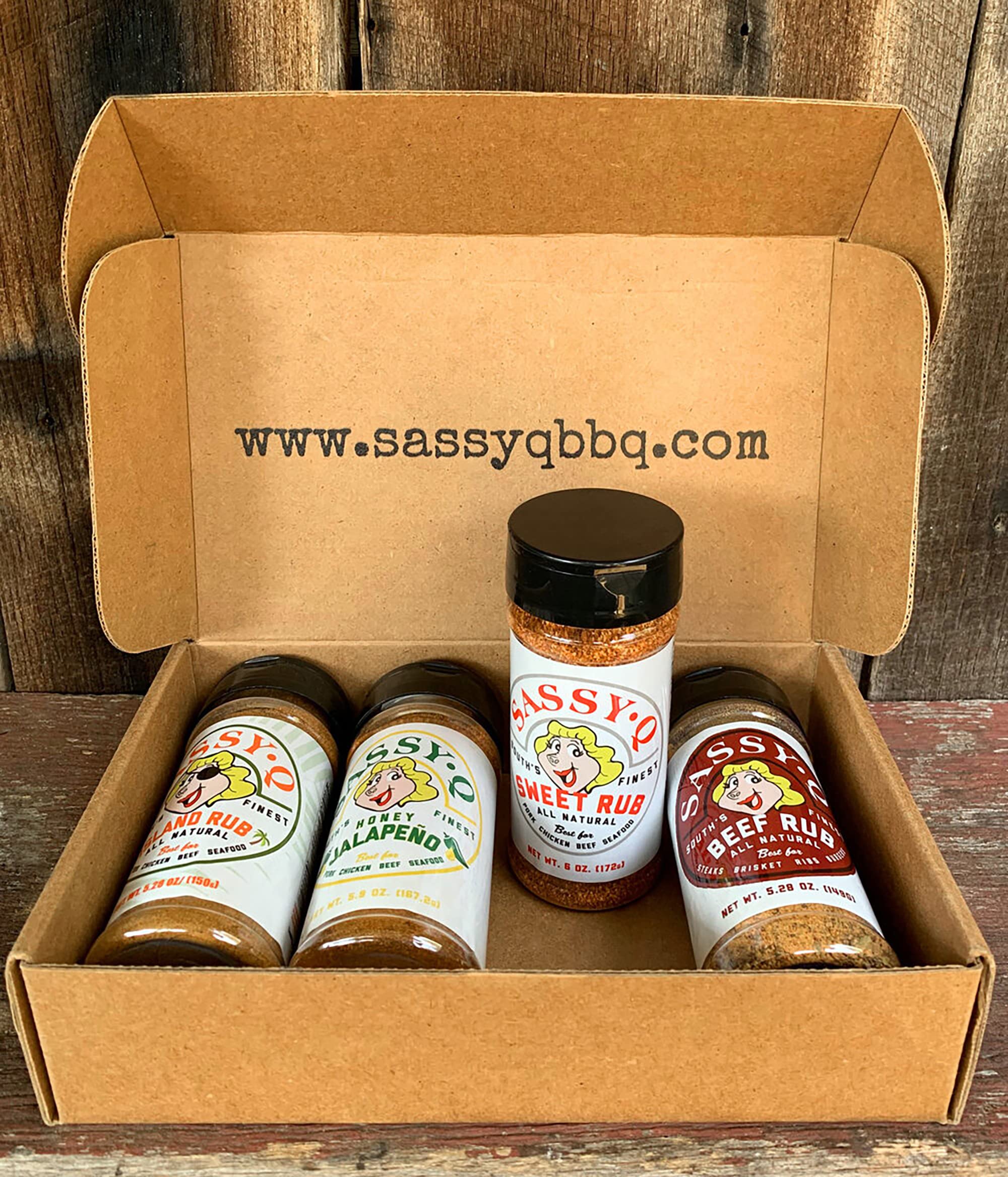 Sassy Q South's Finest BBQ Rub Gift Set 4-Pack Natural All Purpose Seasonings Best for Pork, Chicken, Beef, Seafood | Sweet, Island, Beef, Honey Jalapeno