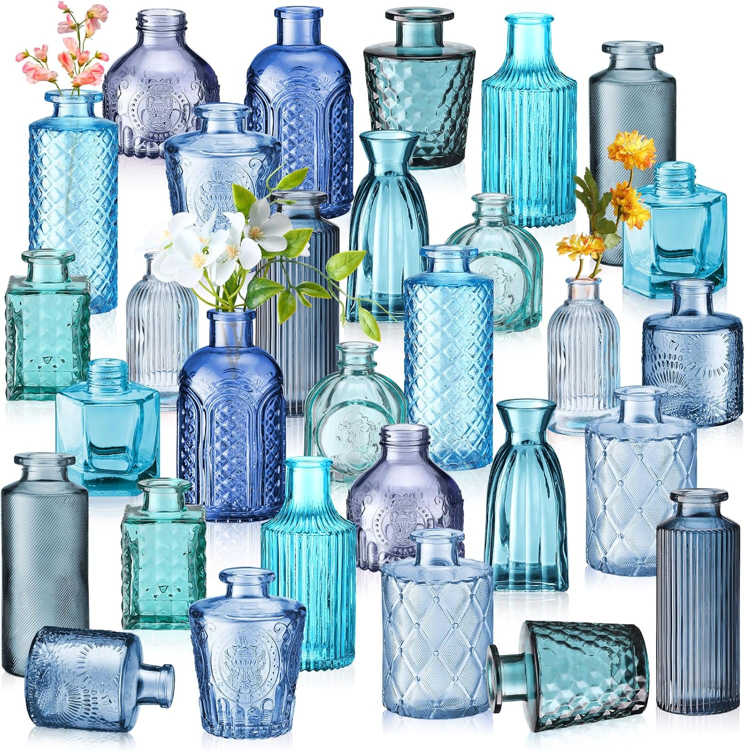 ( incomplete 29 pcs only ) Yaomiao 30 Pcs Vases Bulk Colored Flower Glass Vases Bud Vintage Colored Glass Bottles Colorful Rustic Embossed for Home Wedding Table Decorations Gifts (Blue Series)