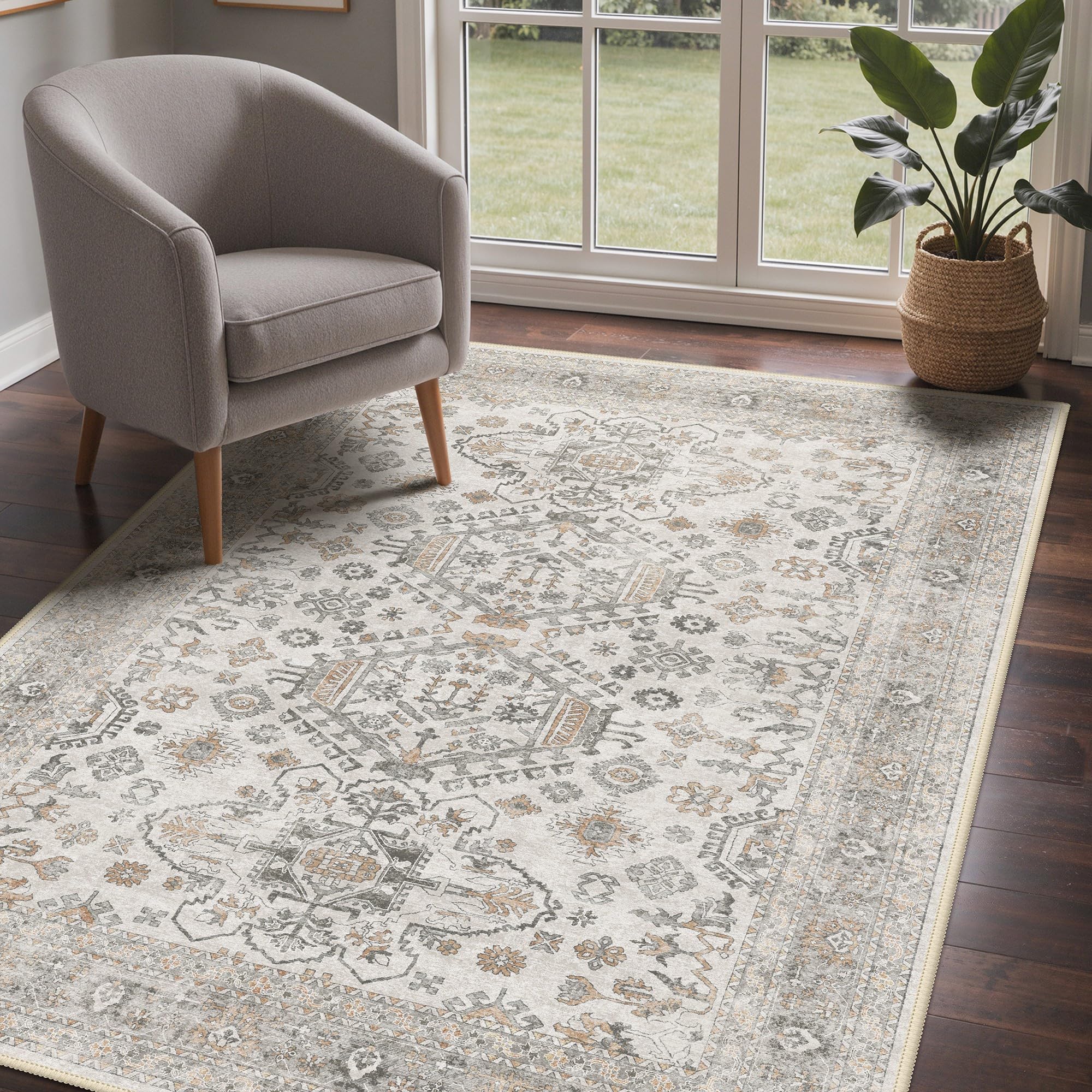 GENIMO Boho Alfombra de salón Vintage 120x170CM, Alfombra Antideslizante Lavable con Pelo Corto para Dormitorio, Comedor u Oficina, Alfombra Elegante
