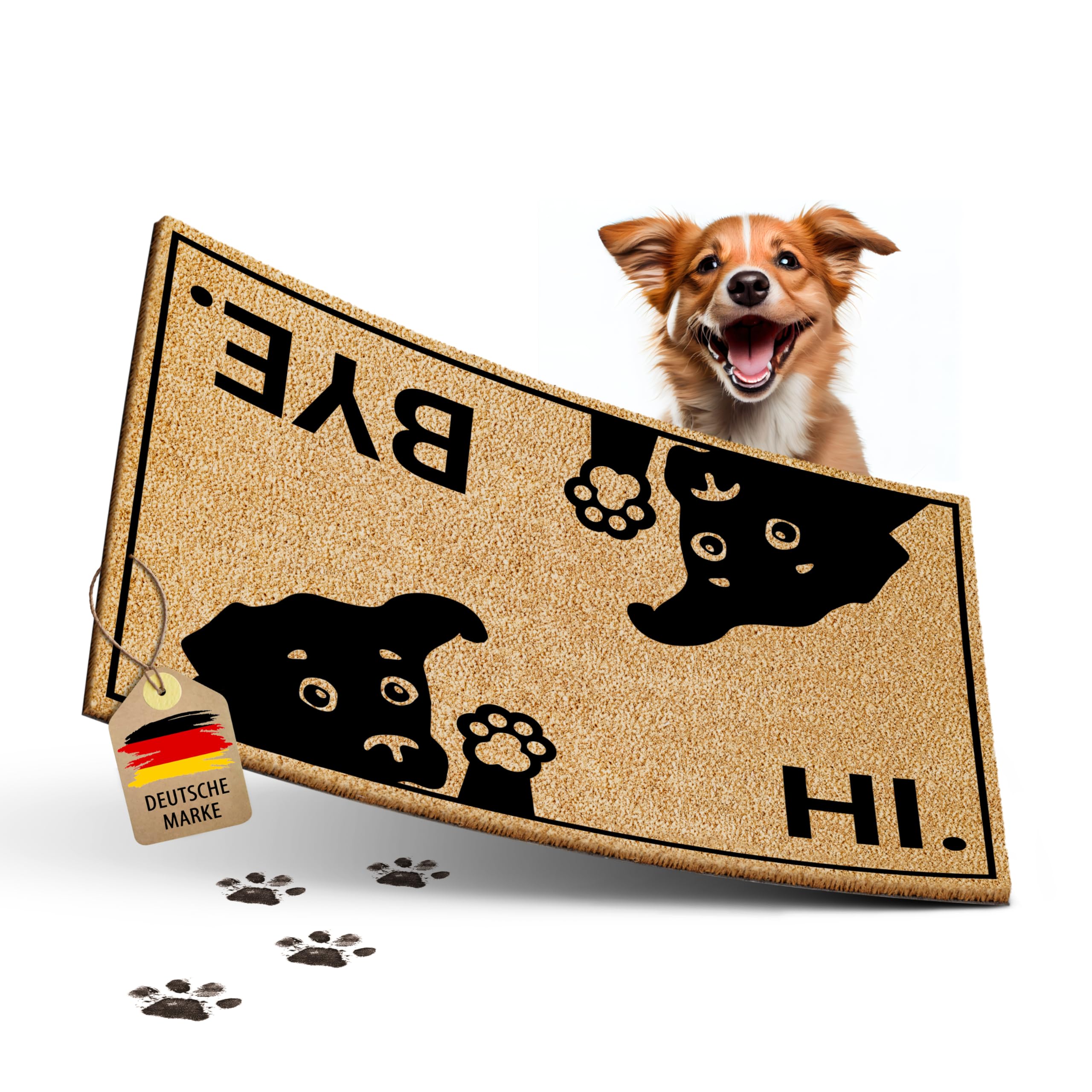 ElbFuchs® Felpudo para perro de coco 60 x 40 cm | HI & Bye perro | [extra duradero y antideslizante] | felpudo de coco divertido para exterior e interior | felpudo para puerta de casa | felpudo