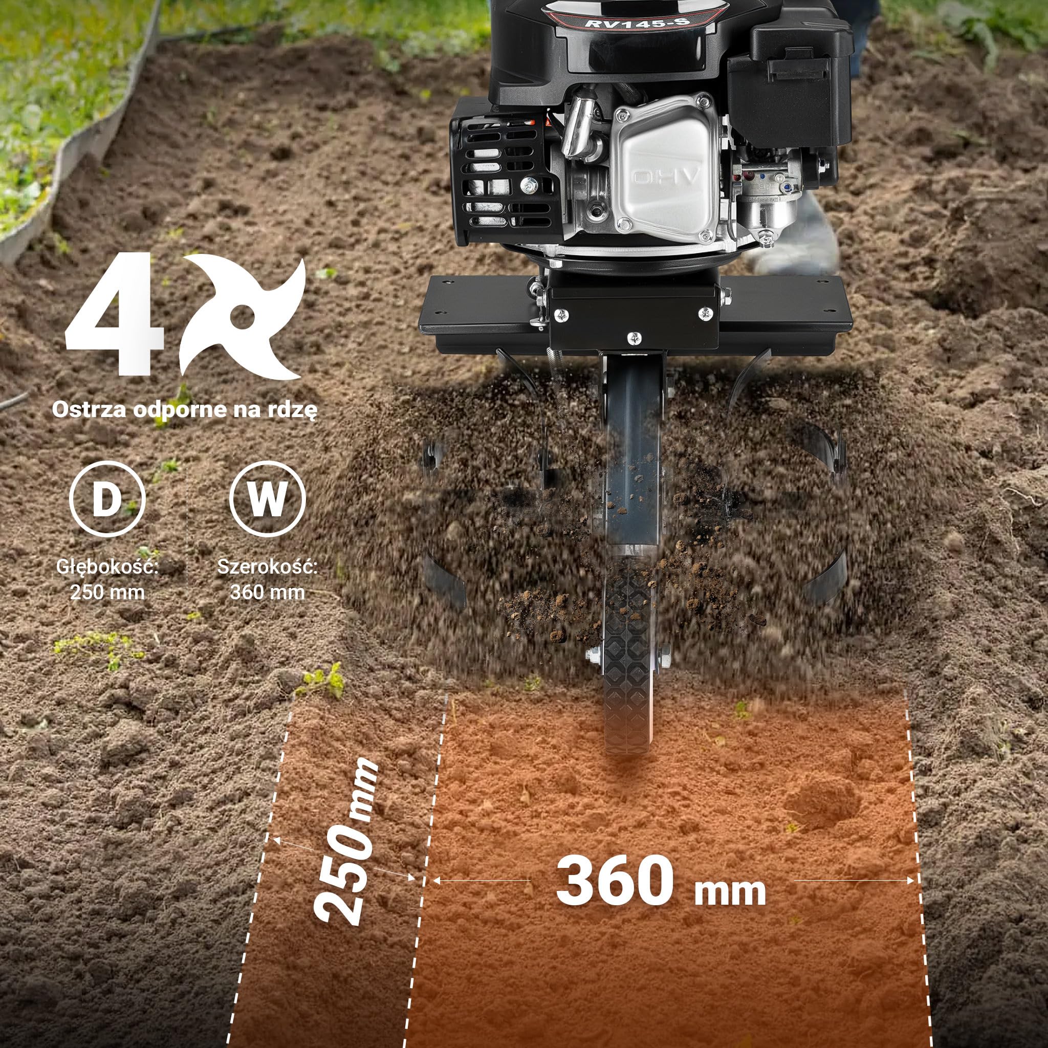 Wiltec Glebogryzarka spalinowa o szerokości roboczej 36 cm, kultywator ogrodowy z silnikiem 144 ccm 3,4 KM z 4 tarczami