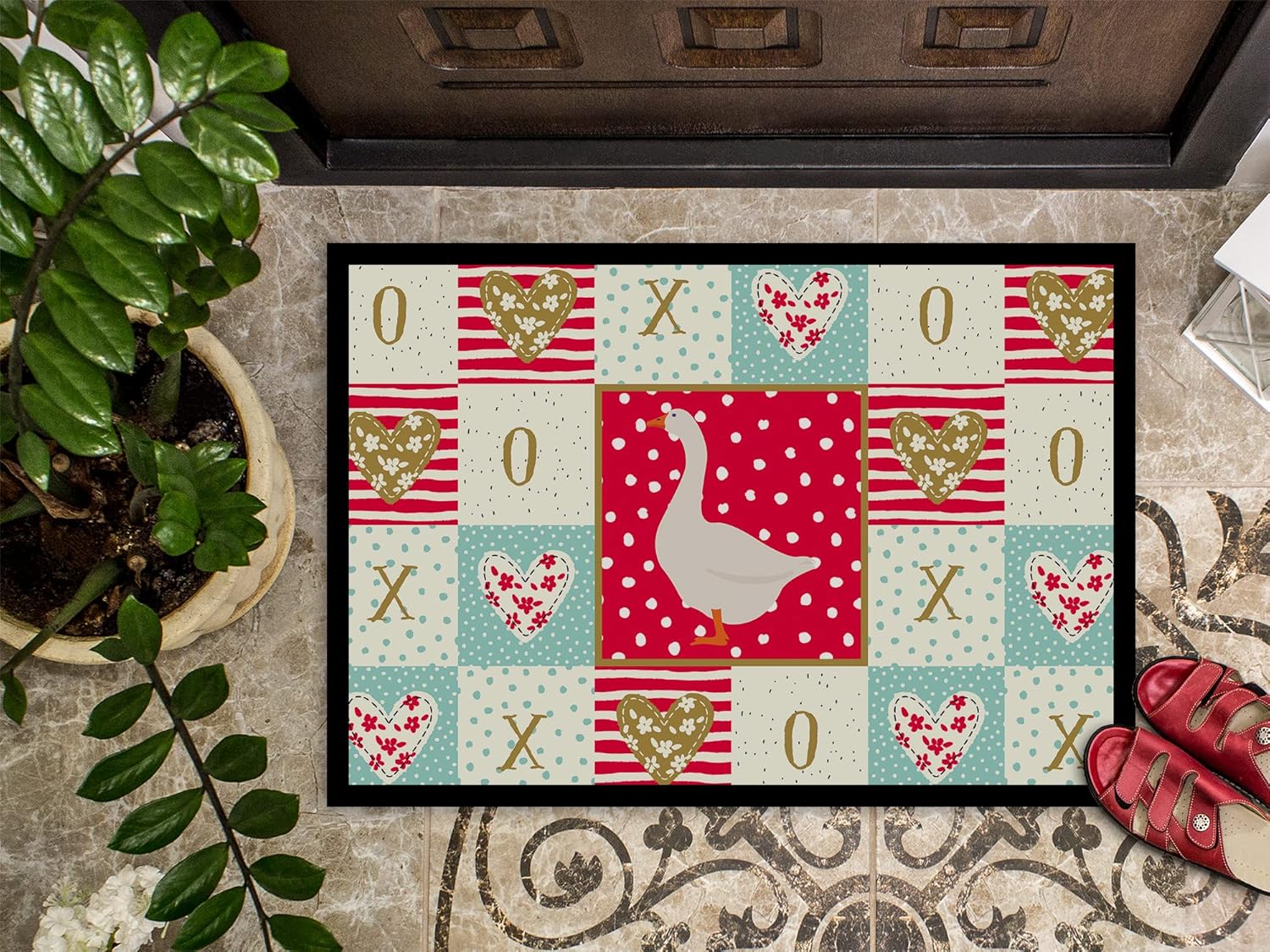 Caroline's Treasures CK5319MAT Embden Goose Love Doormat 18x27, Red Front Door Mat Indoor Outdoor Rugs for Entryway, Non Slip Washable Low Pile, 18H X 27W
