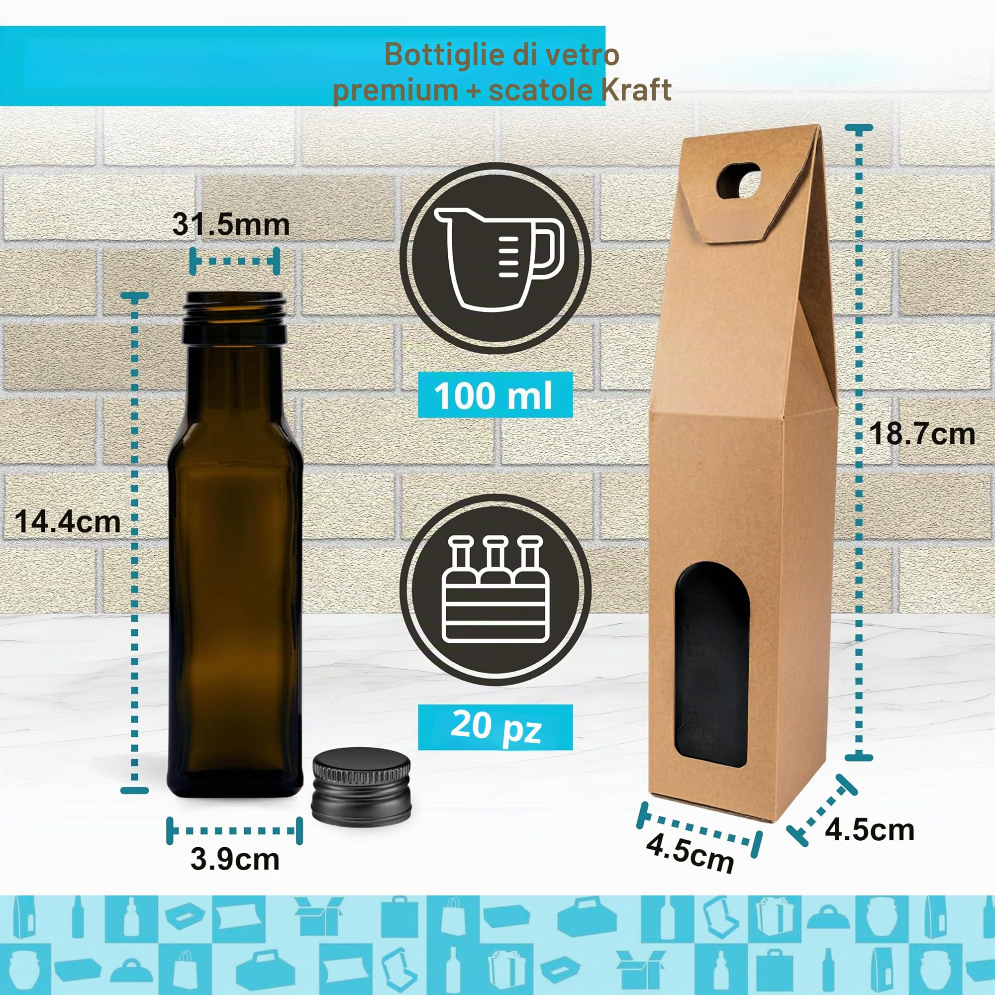 Espirito Rebelde 20 mini bottiglie in vetro scuro, 100 ml, con tappo a vite, nero + 20 lattine | piccole bottiglie per olio d'oliva, aceto, alcool, bottiglia campione