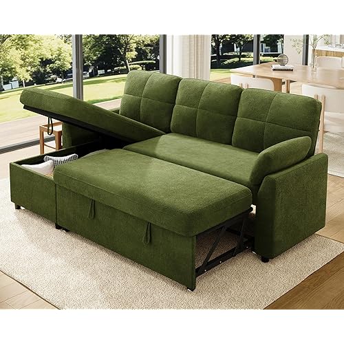 VanAcc Sleeper Sofa, Sofa Bed with Storage Chaise, Convertible Sofa Bed with Pull Out Couch, l Shaped Couch for Living Room, Linen Green