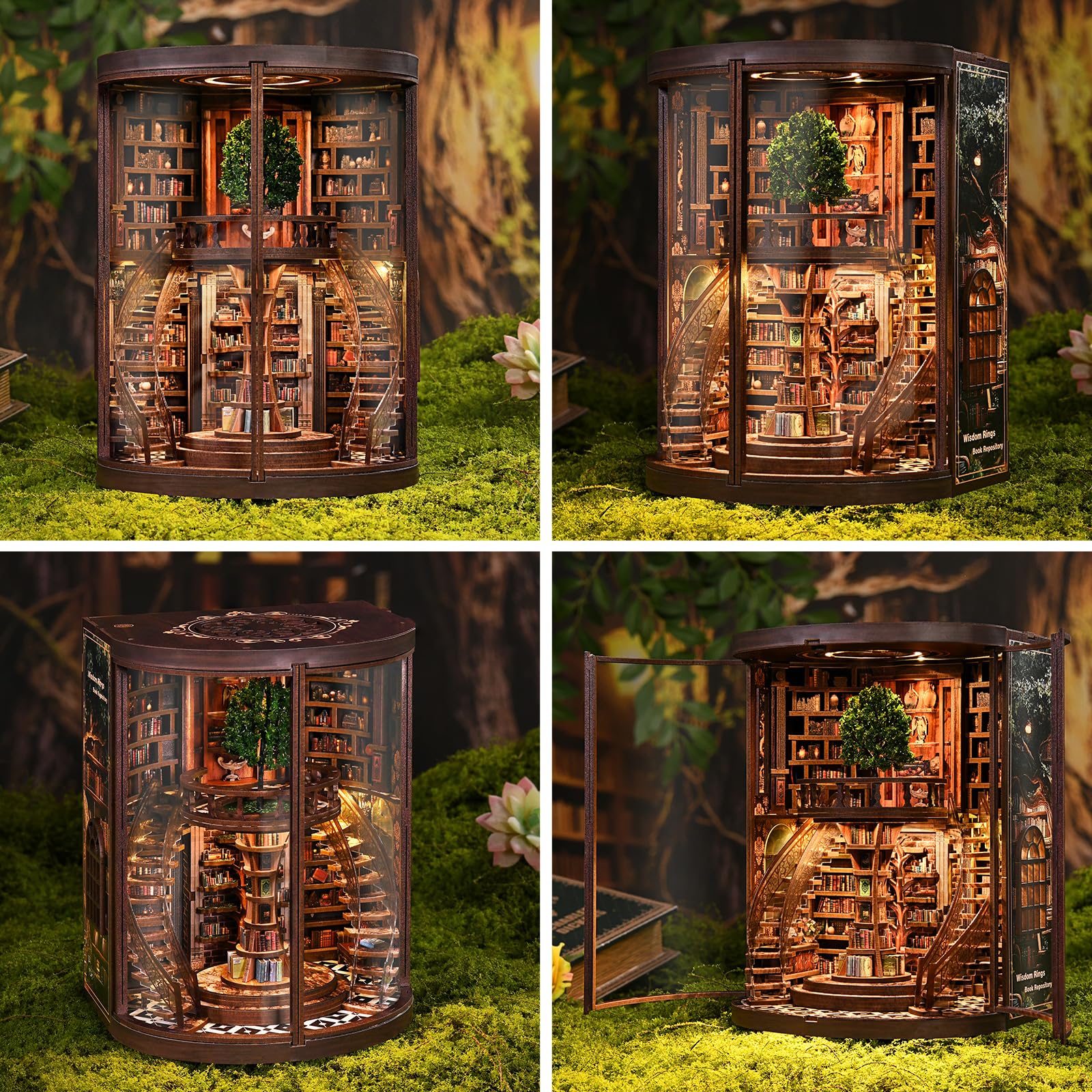 Book Nook Kit – Biblioteka Pierścieni Mądrości, Mini domki dla lalek, Miniaturowe drewniane puzzle 3D ze światłami LED, Zestaw DIY dla dorosłych i nastolatków, Prezent i akcesoria do domu