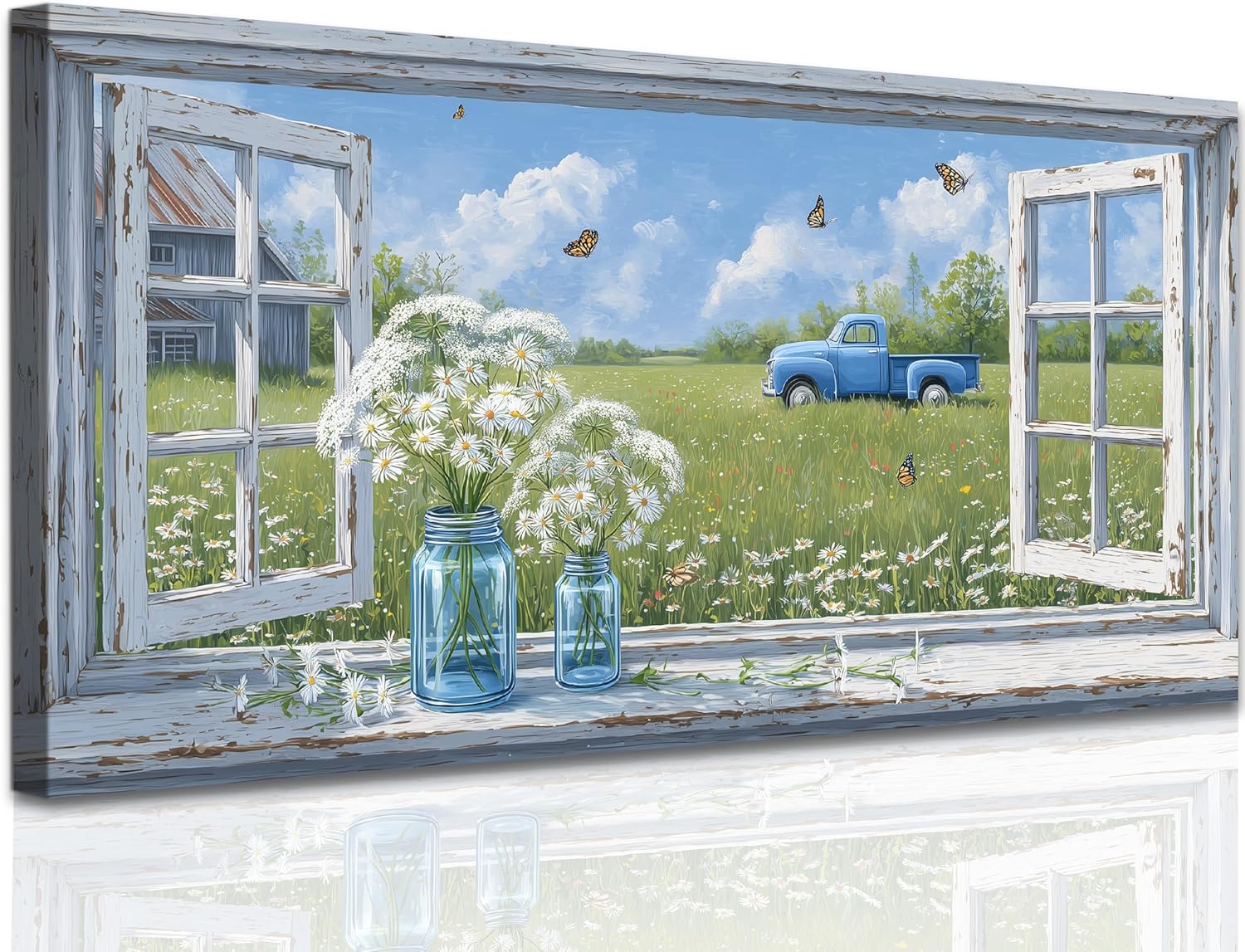 TIMUBA Fake Window Coastal Wall Art, Modern Coastal Landscape Painting Artwork Floral Canvas, Pink Flower Art Wall Decor for Bathroom, Butterfly Blue Ocean Pictures for Bedroom Decoration 40x20 Inches