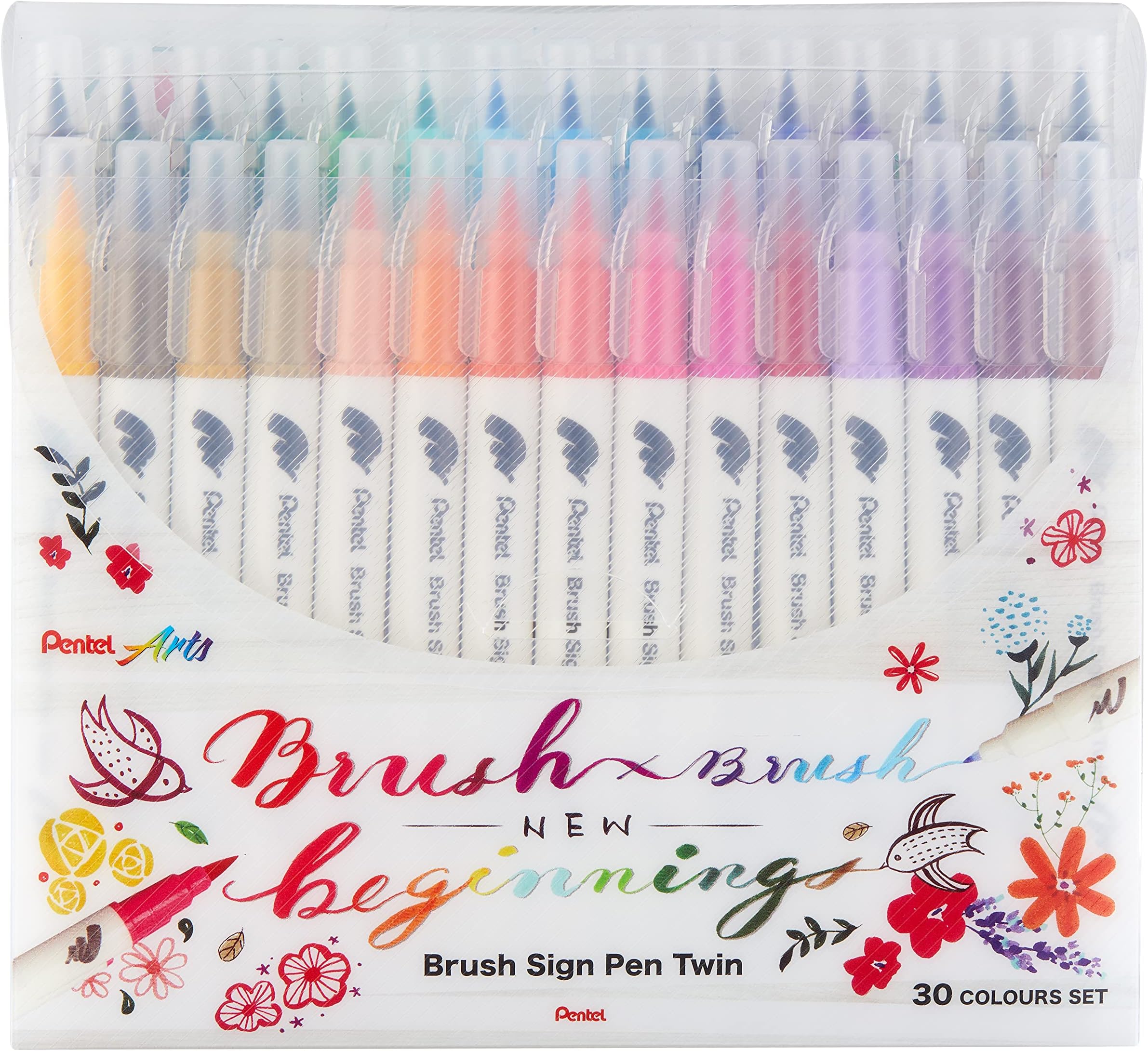 SESW30C-30 Brush Sign Pen Twin, 30 Colour Set, Fibre Tip Pens with Two Flexible Tips, Water-based Ink, Assorted, Pack of 30