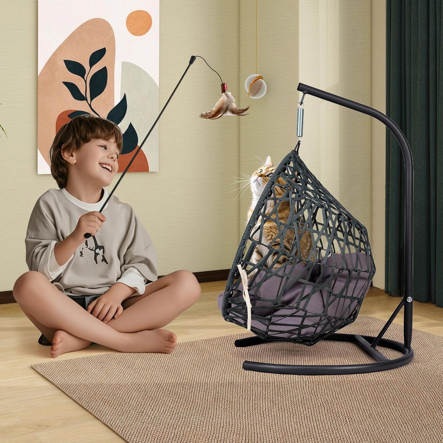 Cat Swing Bed with Aluminum-Steel Stand & Soft Cushion, Cat Egg Chair with HDPE Rattan Wicker Appearance, Indoor Hanging Pet Bed for Kitten, Puppy, Small Dogs (Grey, Open Nest)