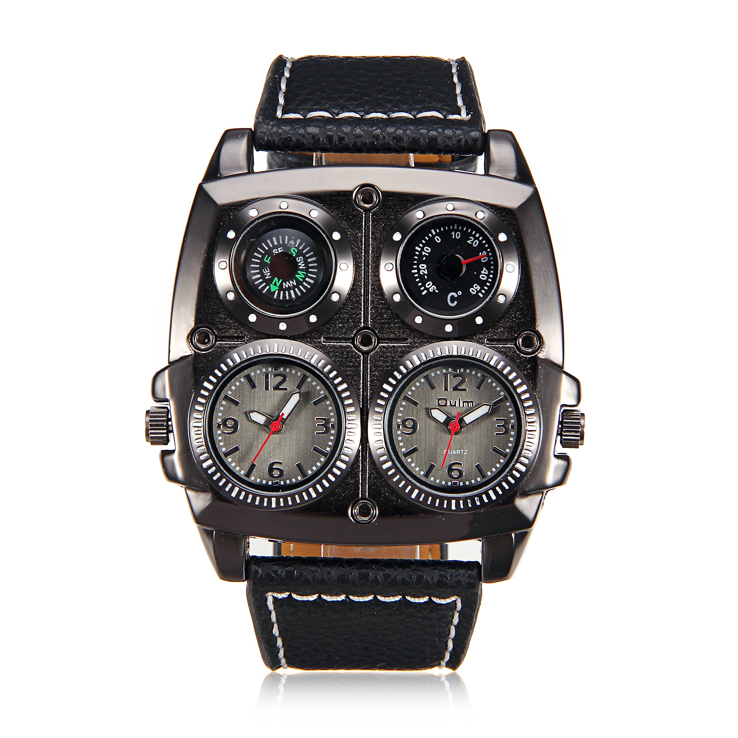 ShoppeWatch Mens Black Watch Oversized Large Face Dual Time Display Black Square Dial Leather Band OM-247
